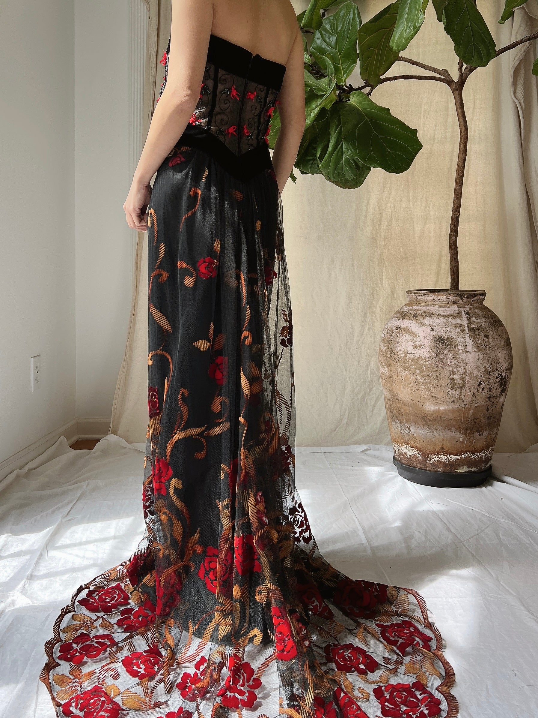 Vintage Floral Strapless Dress - L