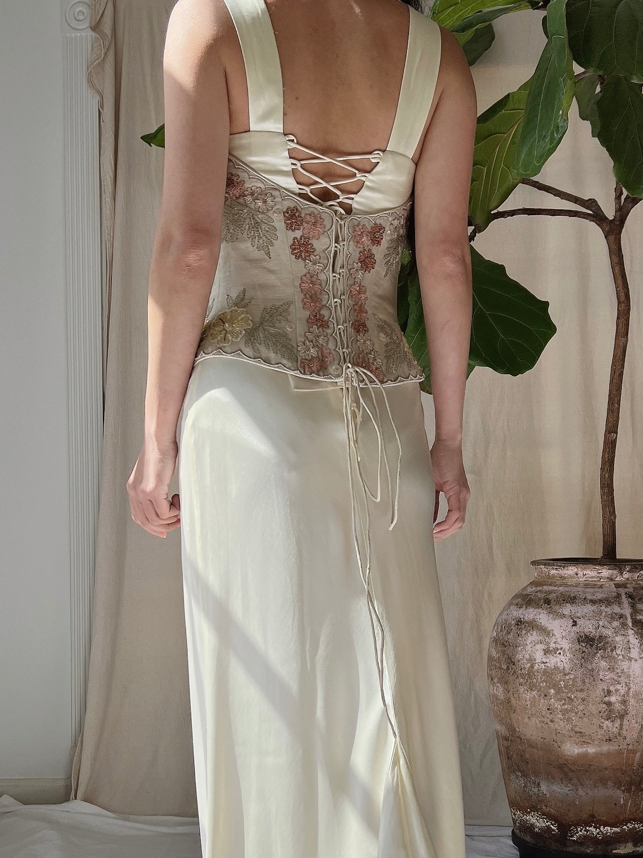 Vintage Eavis and Brown Silk Embroidered Corset - S-L