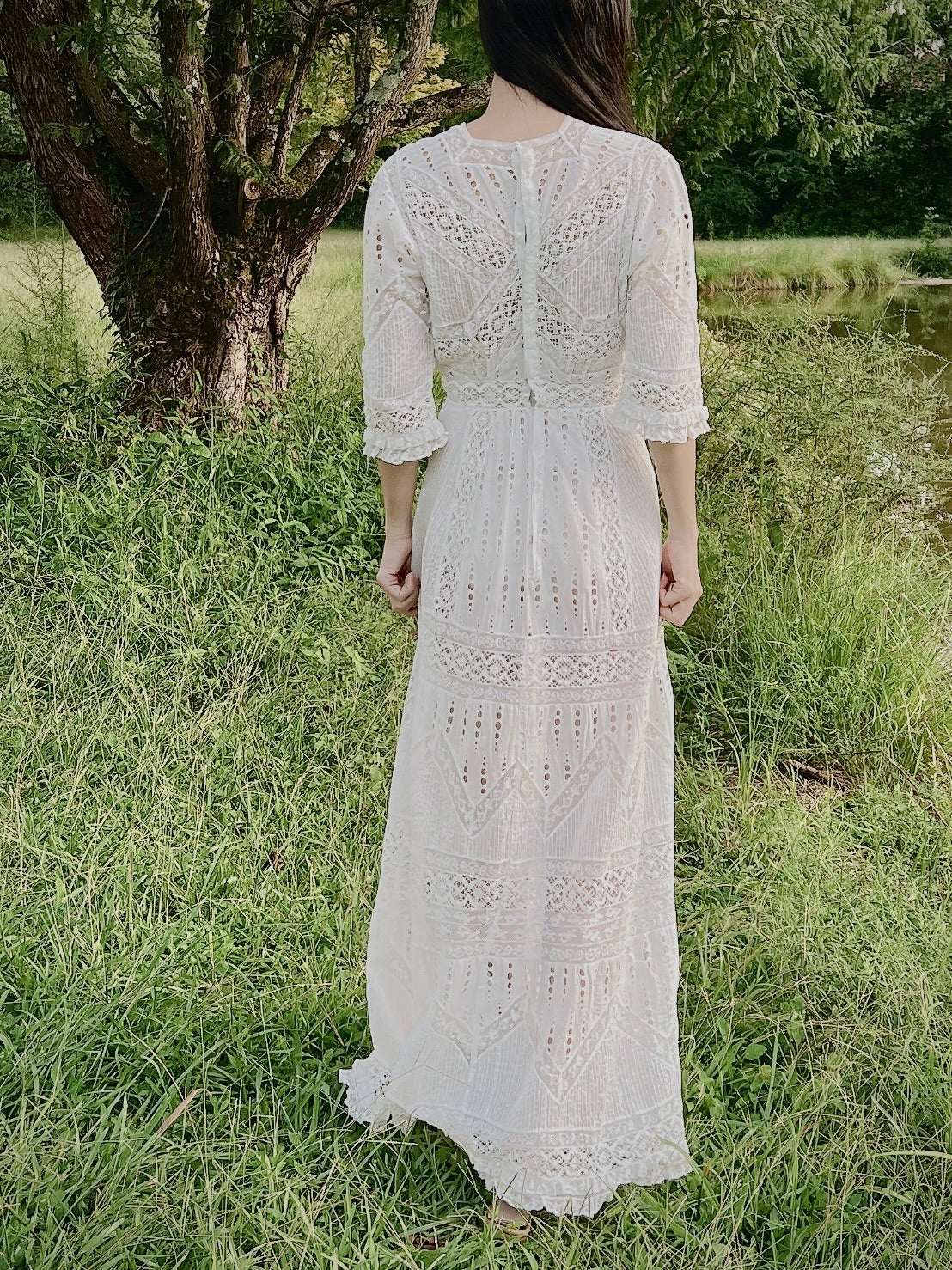 Antique Embroidered Cotton Lawn Dress - XS
