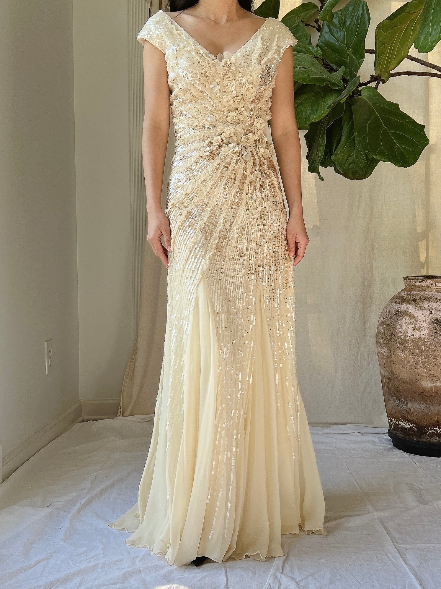 Ivory and Gold Beaded Silk Gown - XS/2
