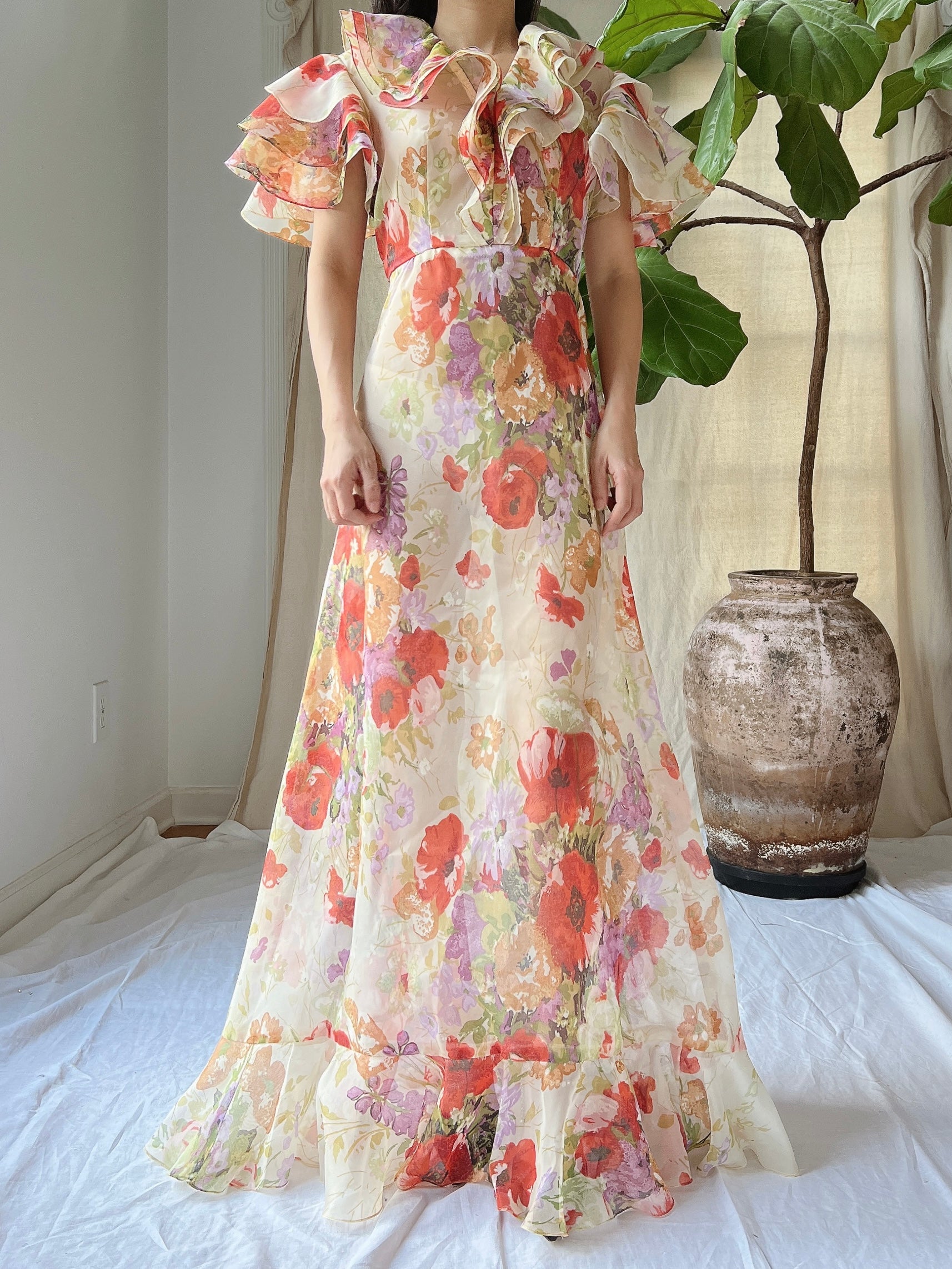 Vintage Ruffle Voile Dress - S