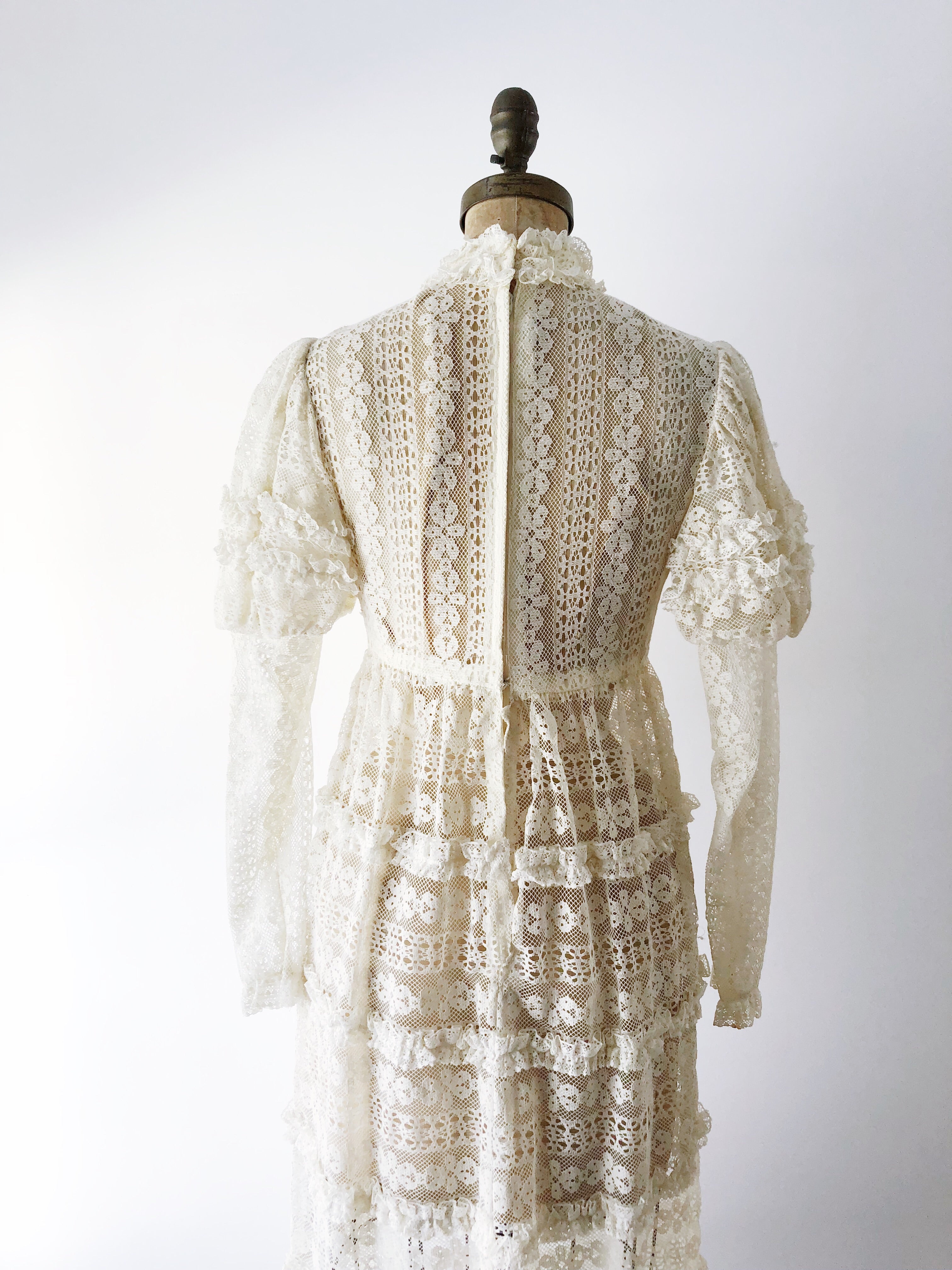 1970s Bohemian Puff Sleeves Lace Dress - S