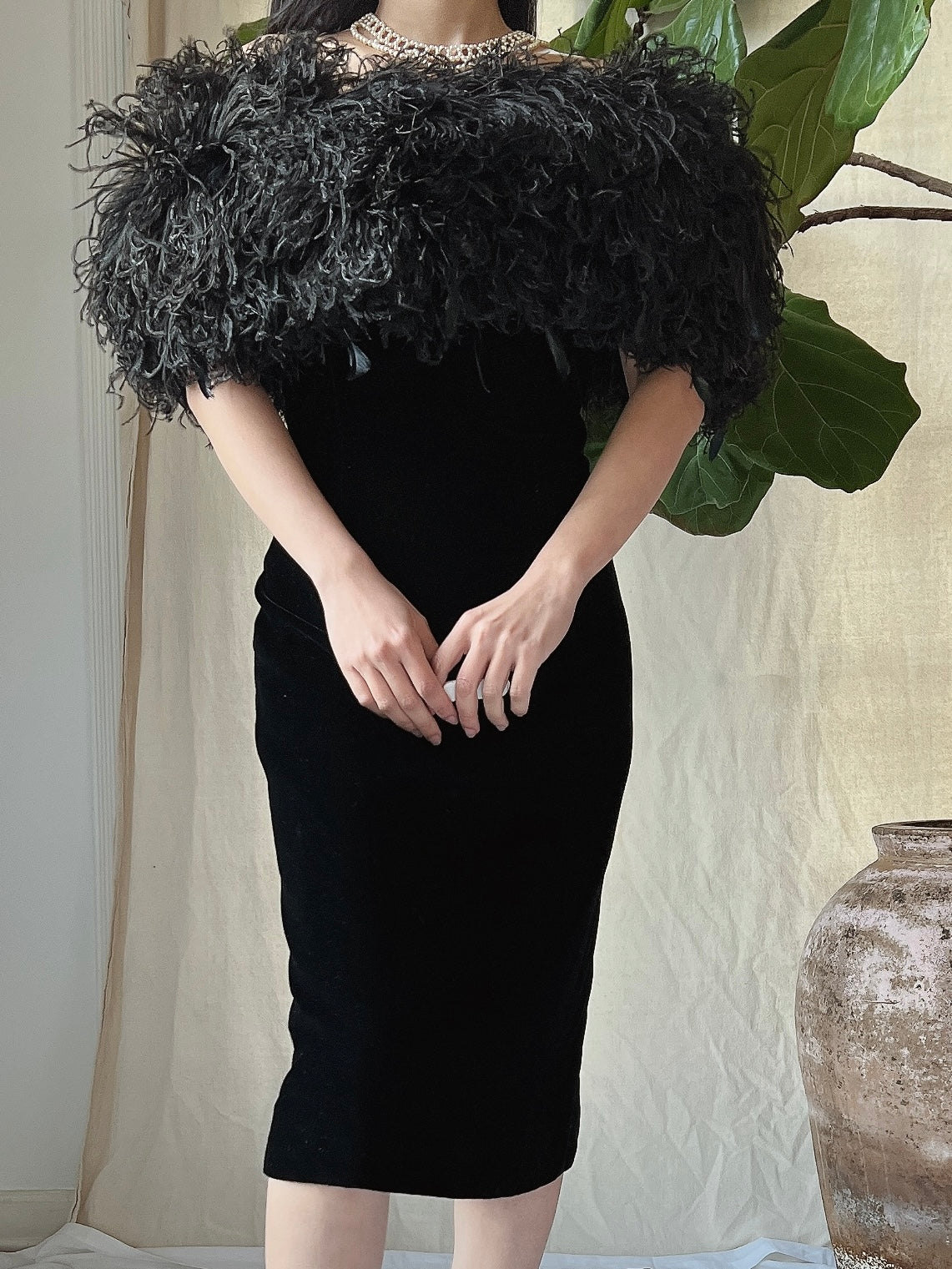 Vintage Ostrich Feather Collar Velvet Dress - XS