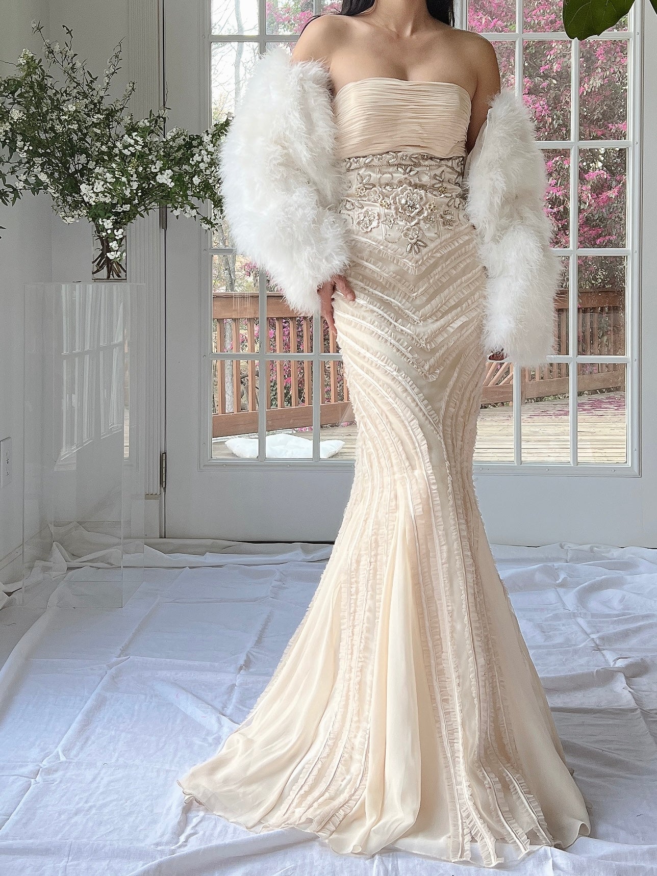Y2K Almond Ruffle Beaded Dress - XS