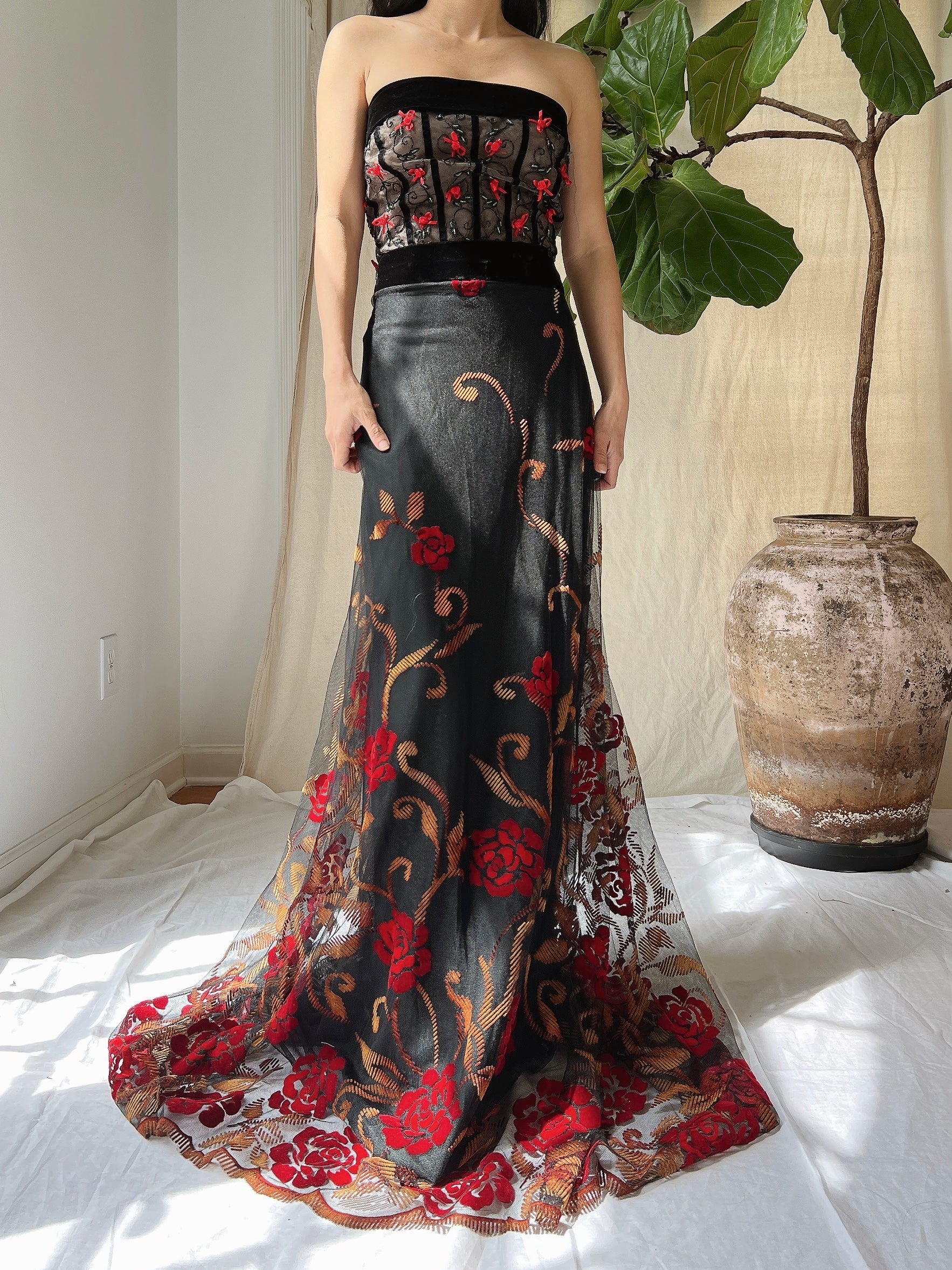 Vintage Floral Strapless Dress - L