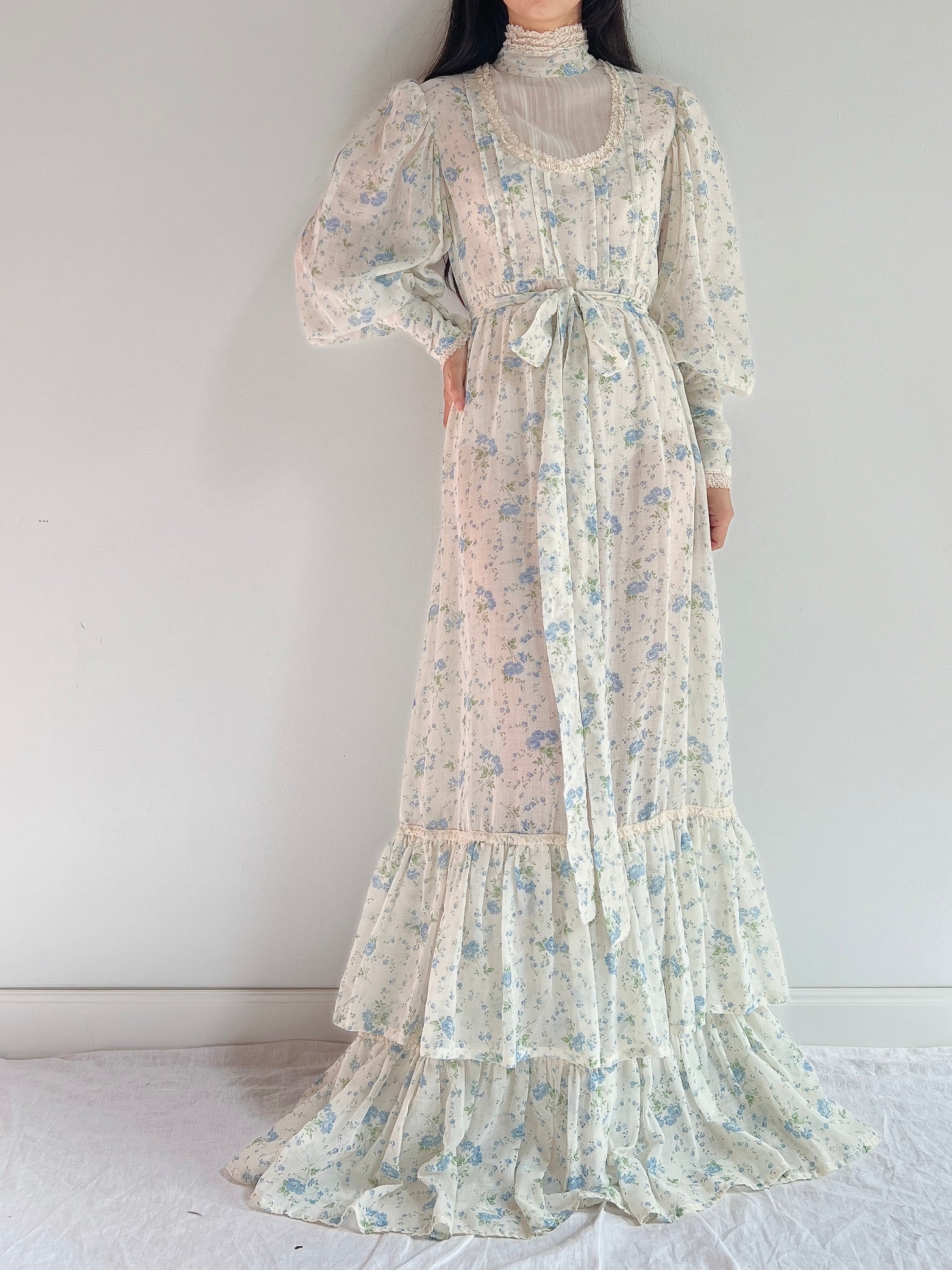 1970s Puff Sleeve Cotton Calico Dress - M