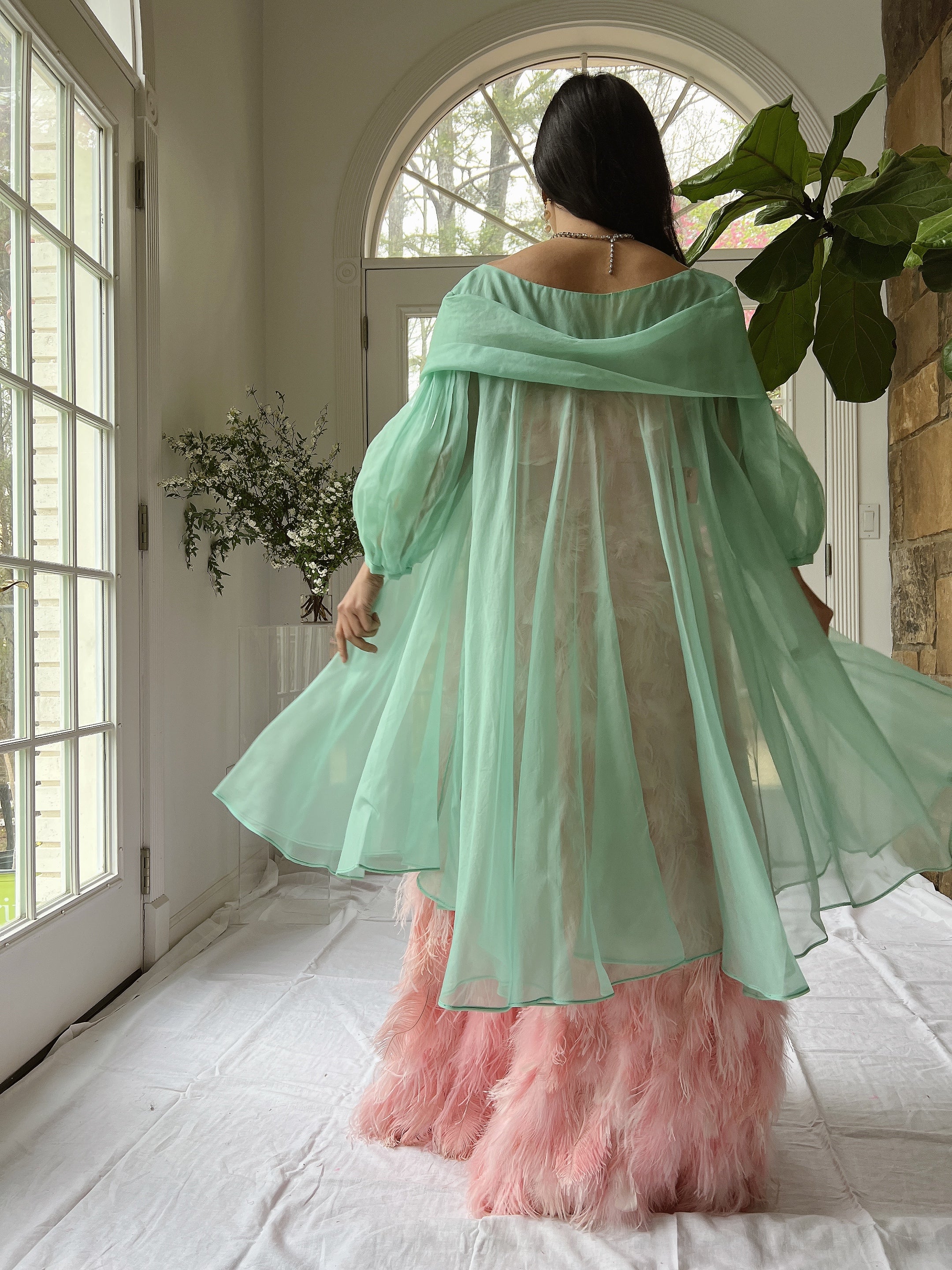 1960s Silk Chiffon Puff Sleeves Duster - OSFM