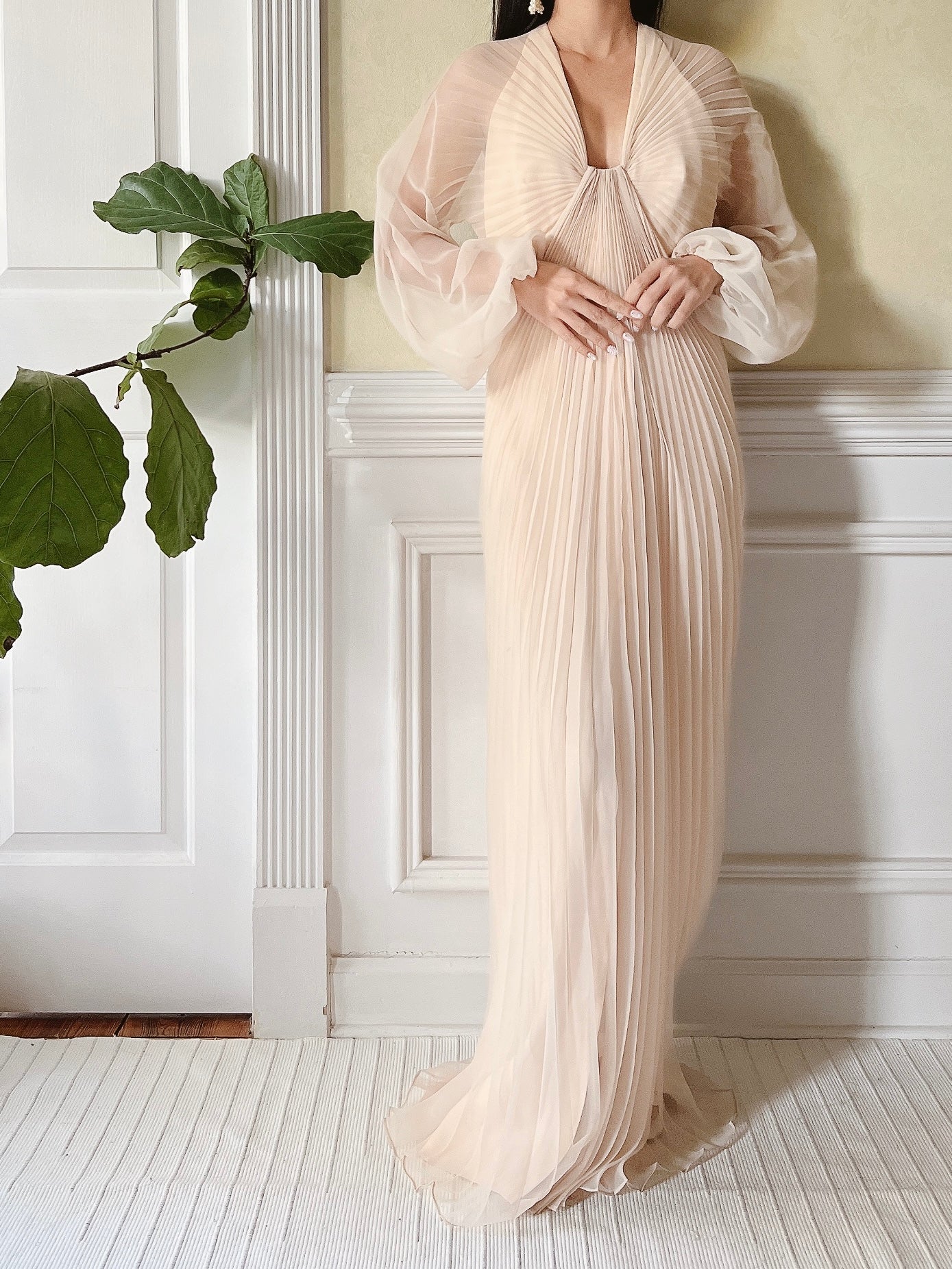 Vintage Eggshell Pleated Chiffon Dress - S