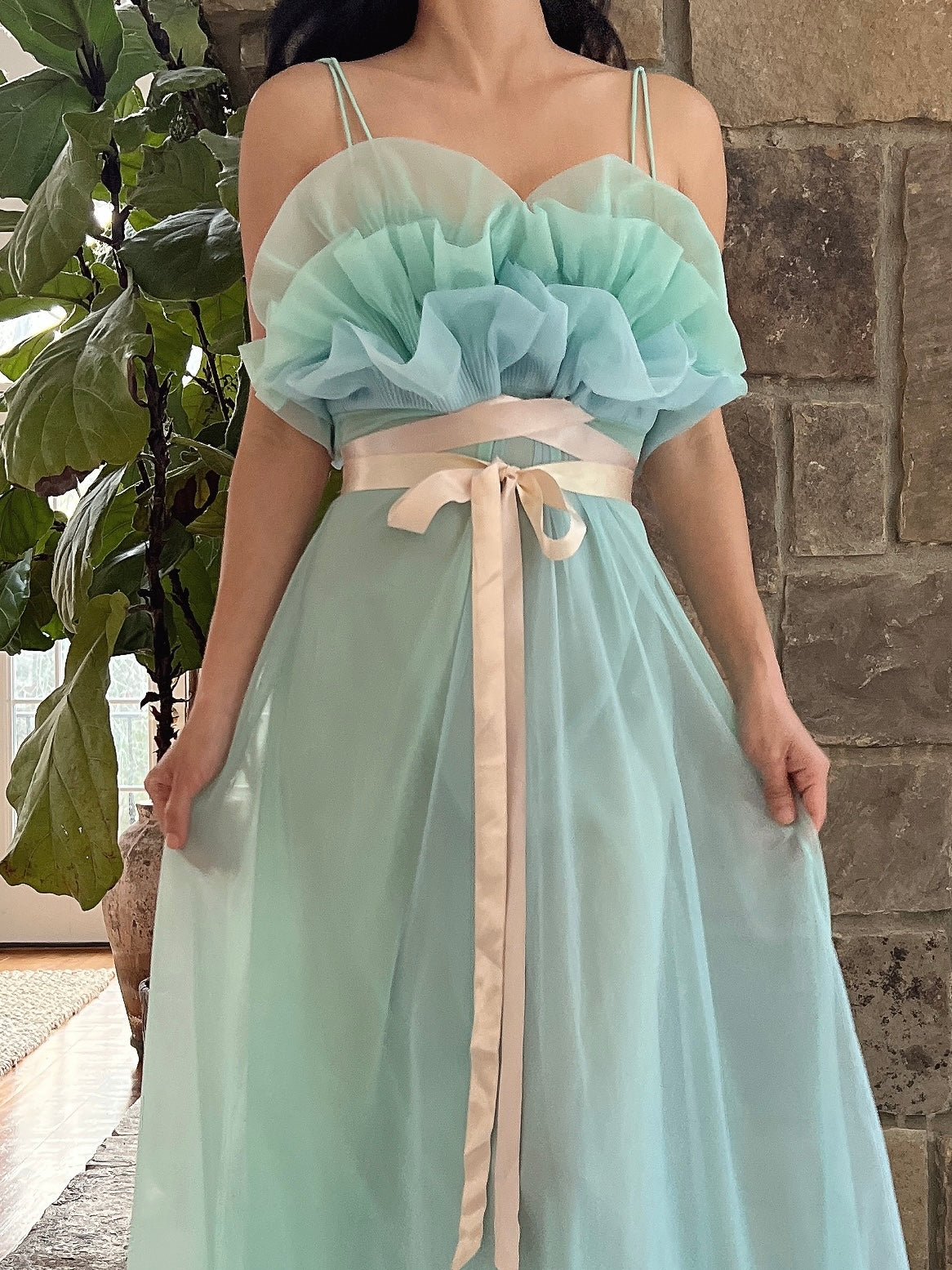 1960s Teal Sheer Tricot Chiffon Tulip Bust Gown - S/M