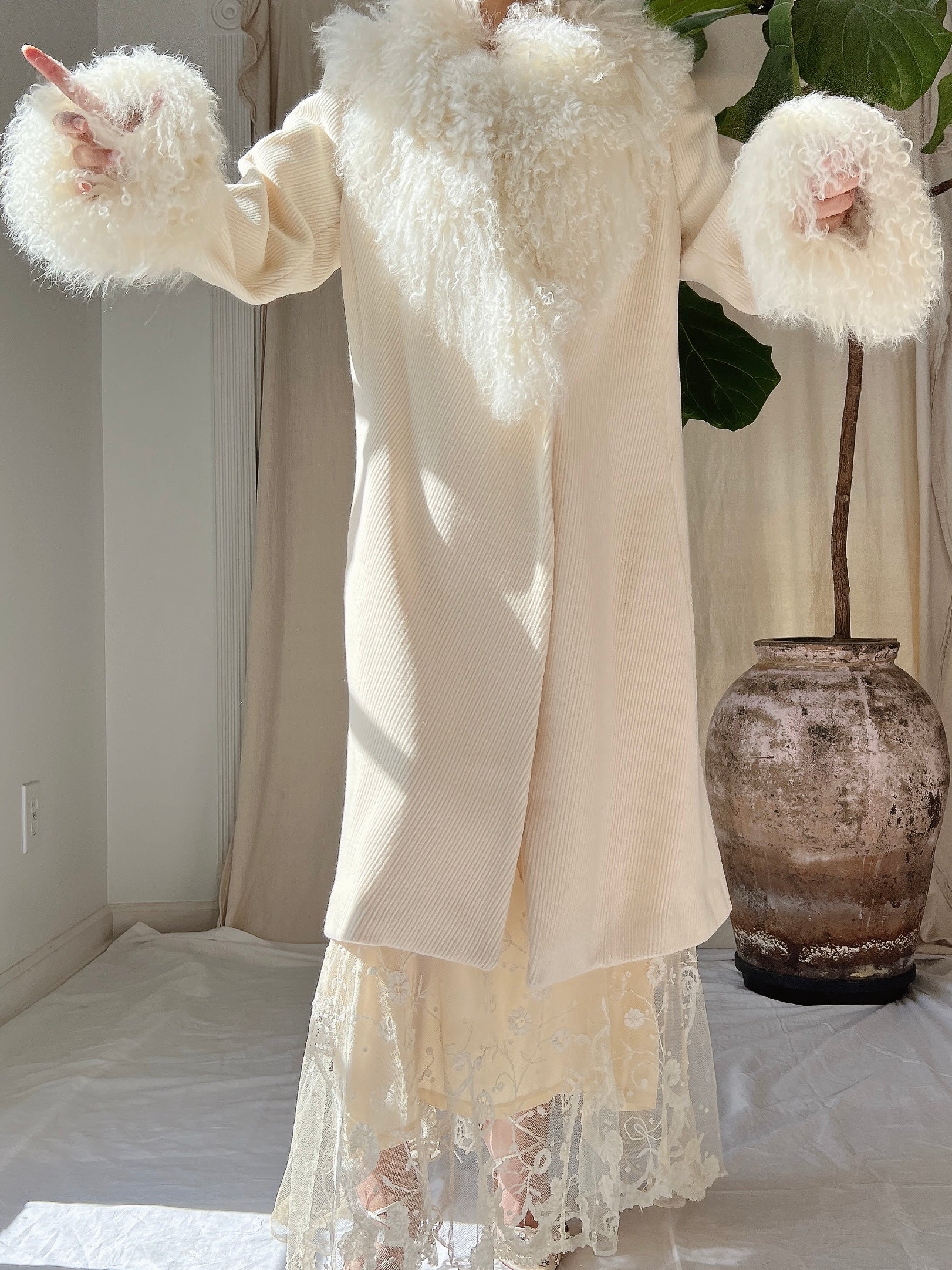 Vintage Ivory Sheared Mongolian Coat - M