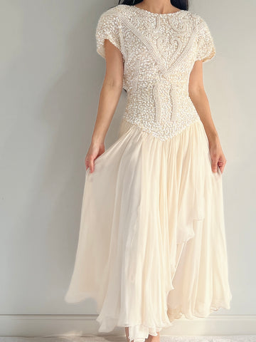 Vintage Beaded Silk Beaded Dress - M