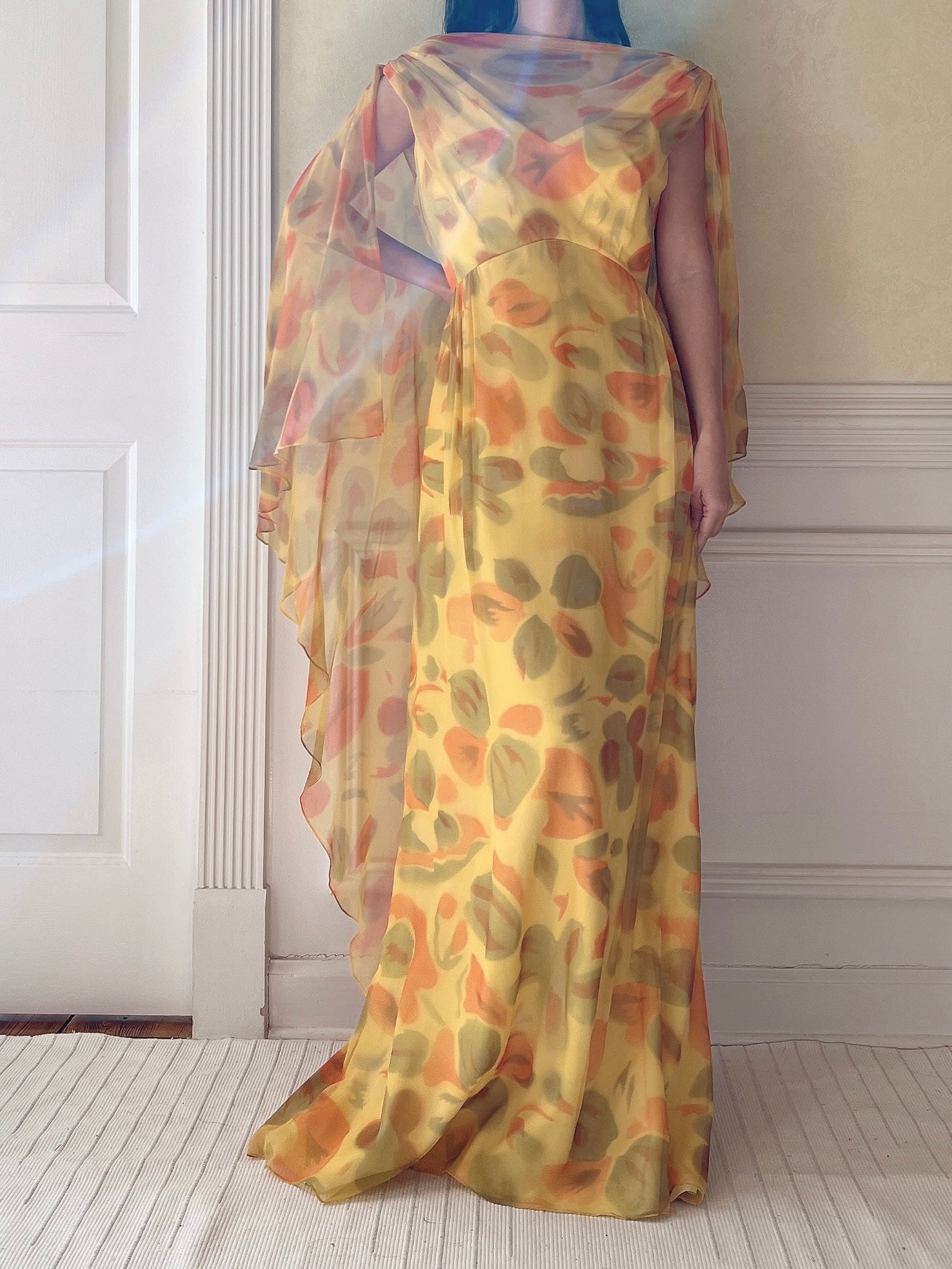 1960s Silk Chiffon Cape Gown - M