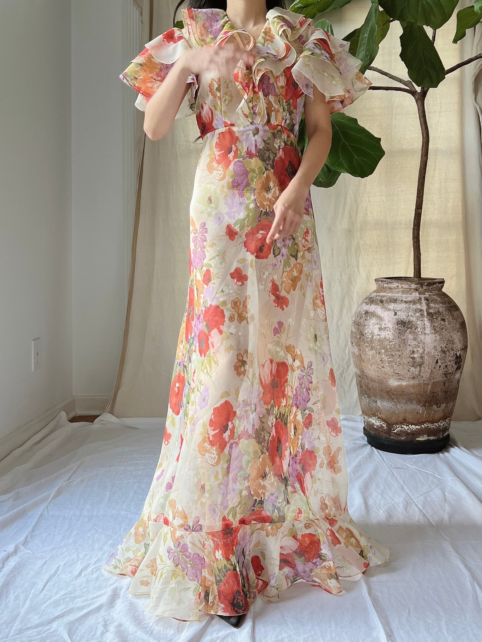 Vintage Ruffle Voile Dress - S