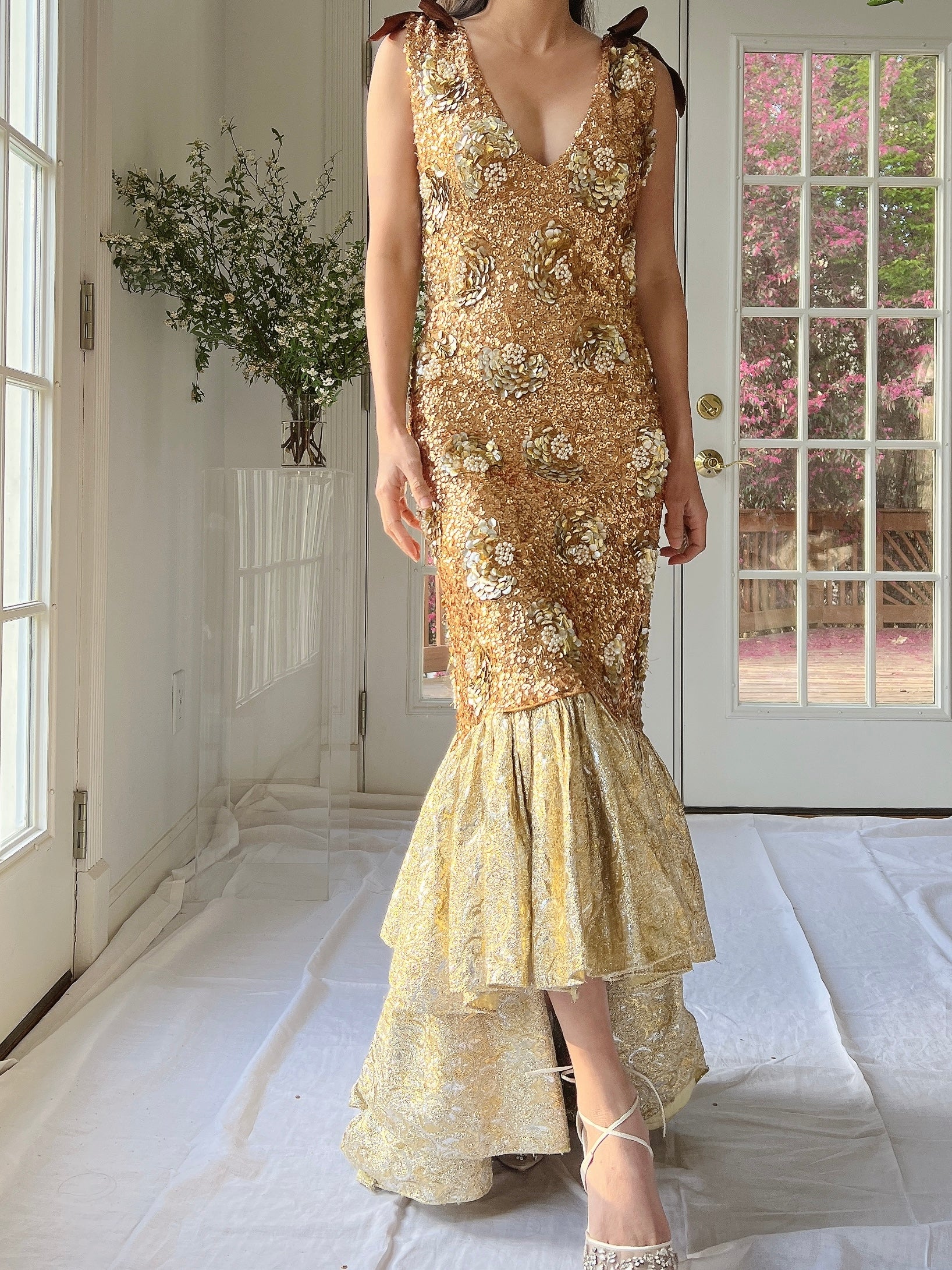 1960s Gold Gene Shelly Wool Beaded Gown - XS-M