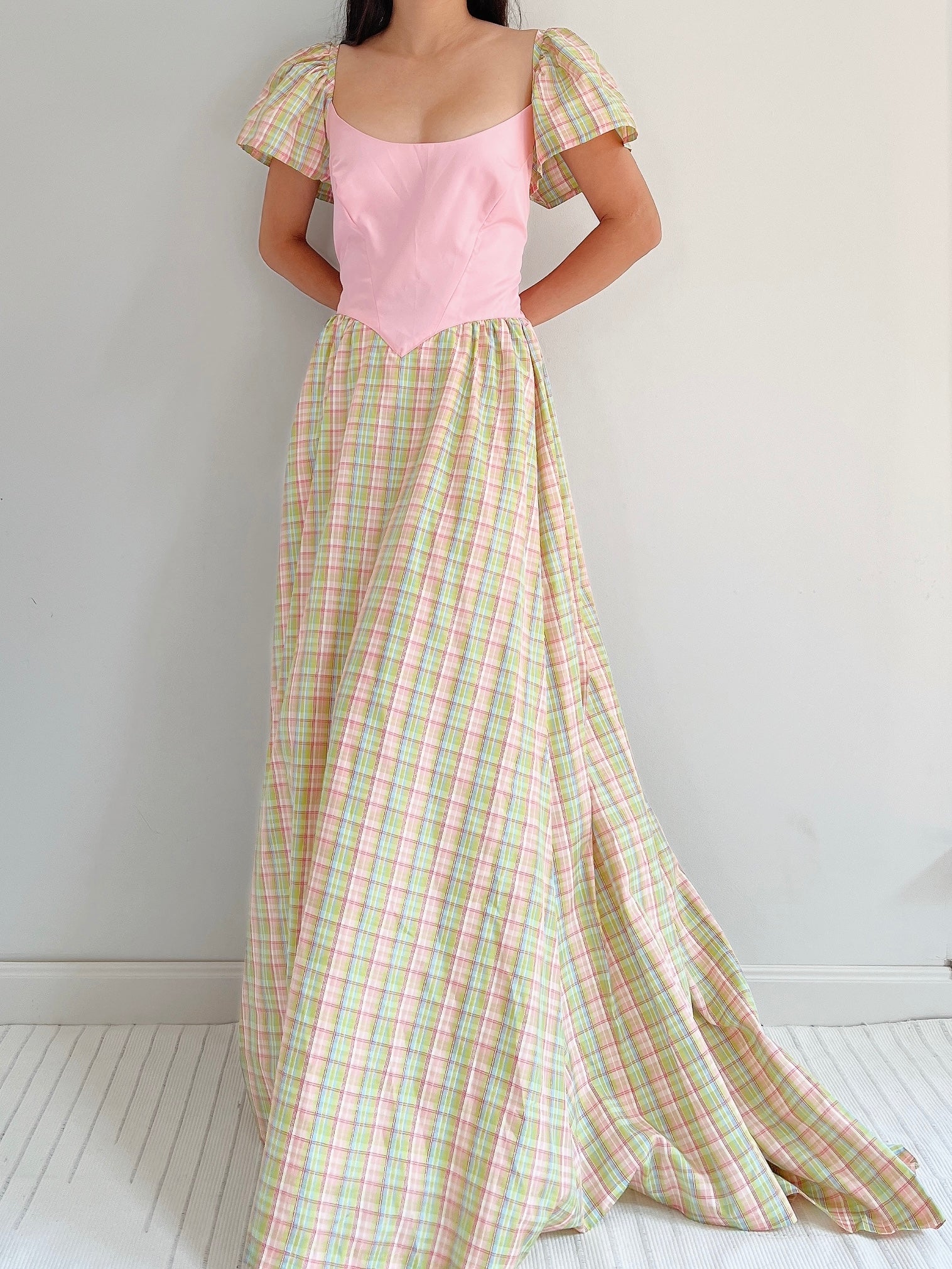 1970s Vintage Plaid Taffeta Dress - M