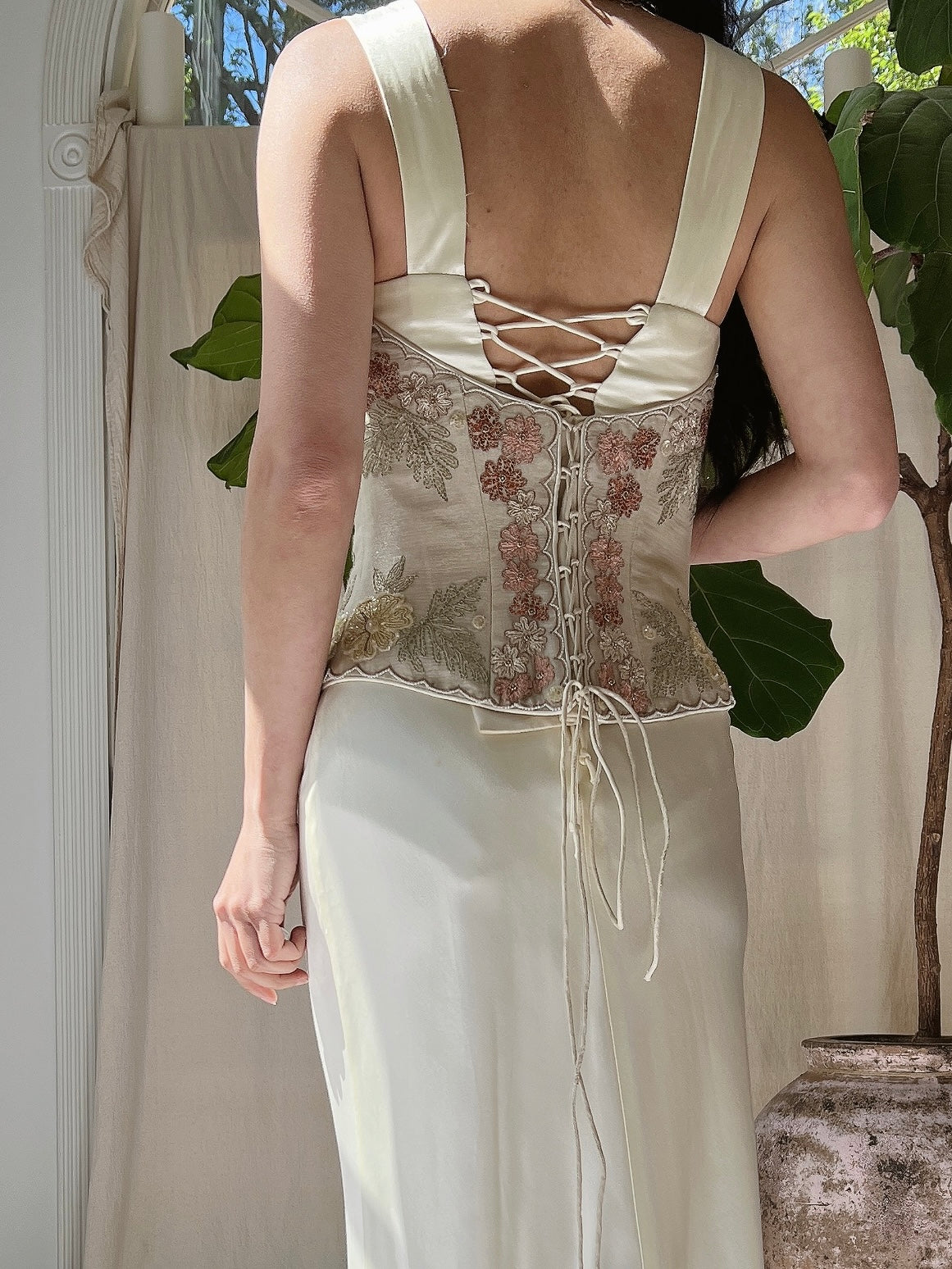 Vintage Eavis and Brown Silk Embroidered Corset - S-L