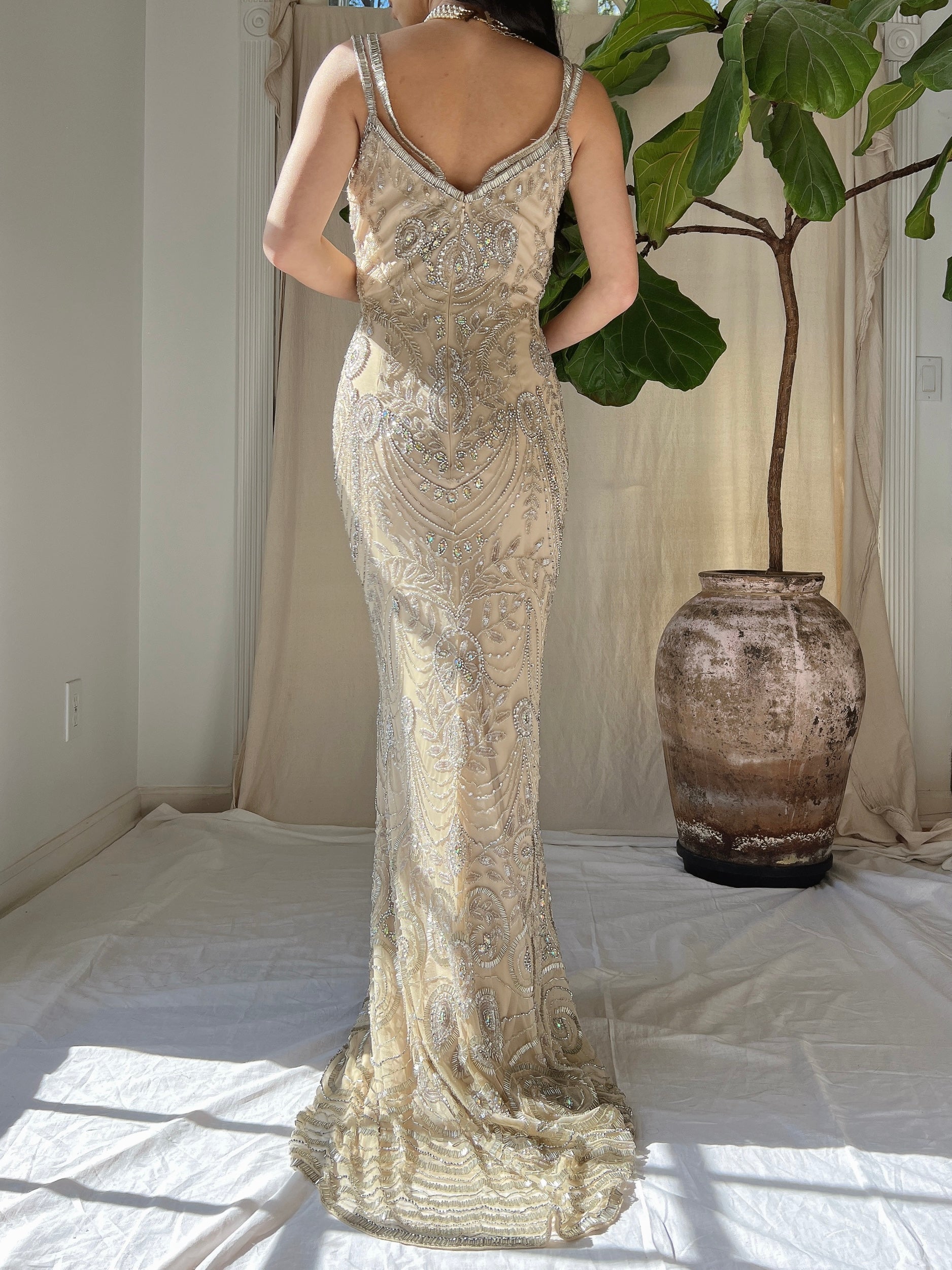 Beige Beaded Tulle Dress - S