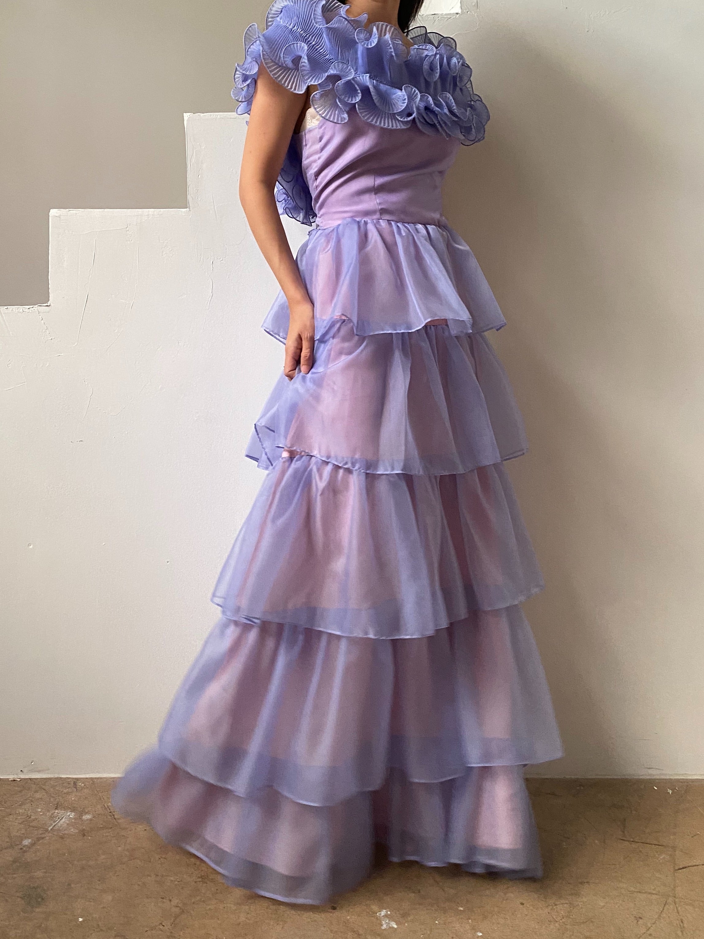 1960s Lavender Voile Strapless Ruffle - S/M