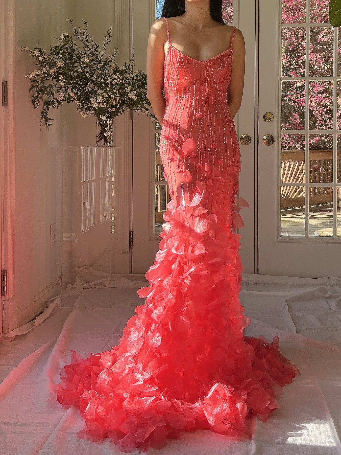 Vintage Coral Silk Petal Dress