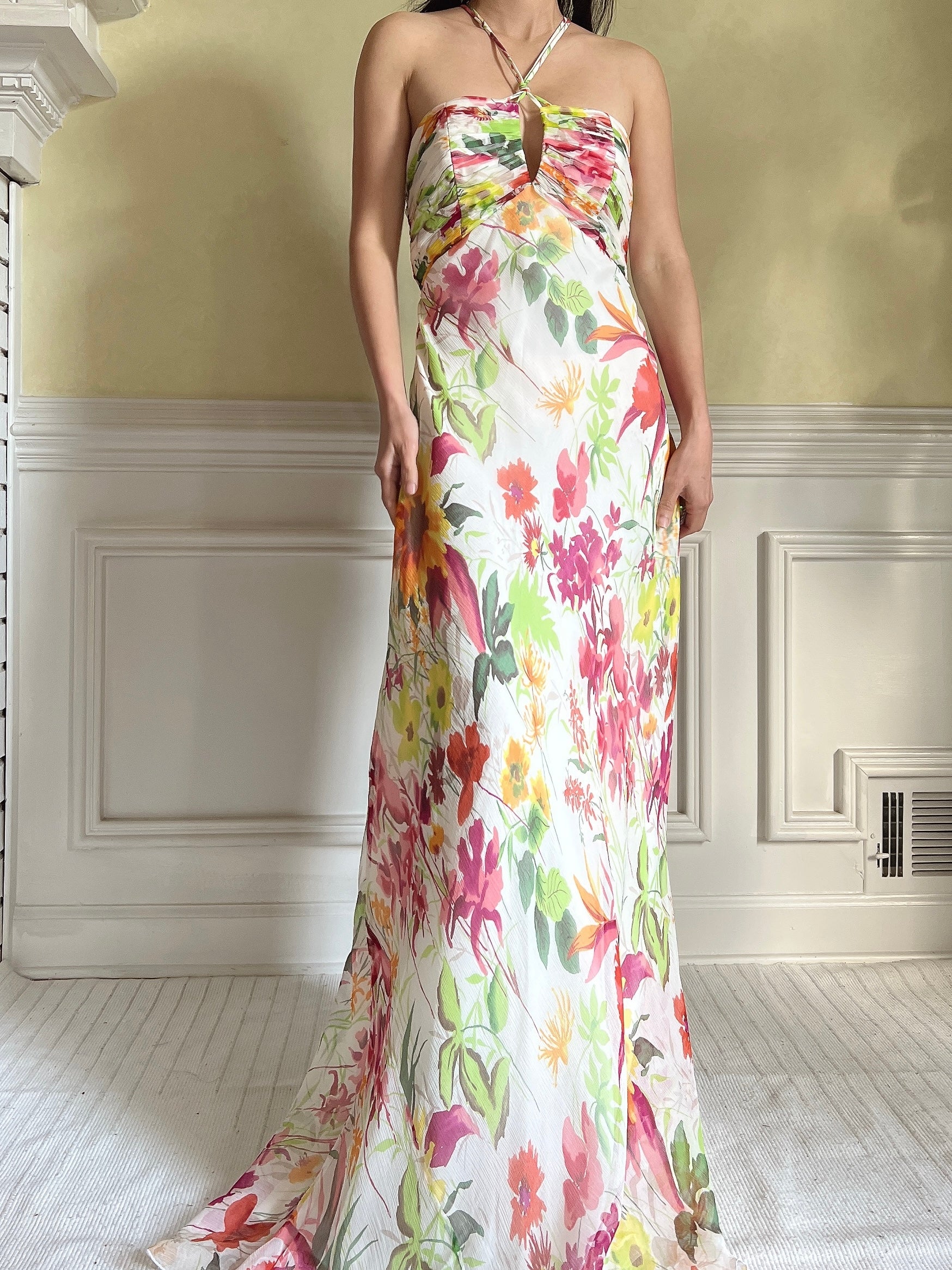 Vintage Halter Beaded Silk Floral Gown - S