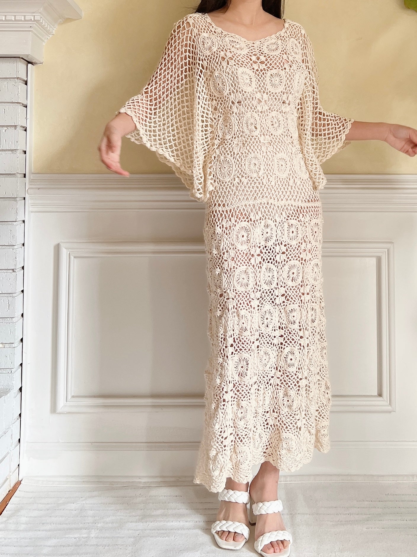 Vintage Beige Crochet Dress - S-L