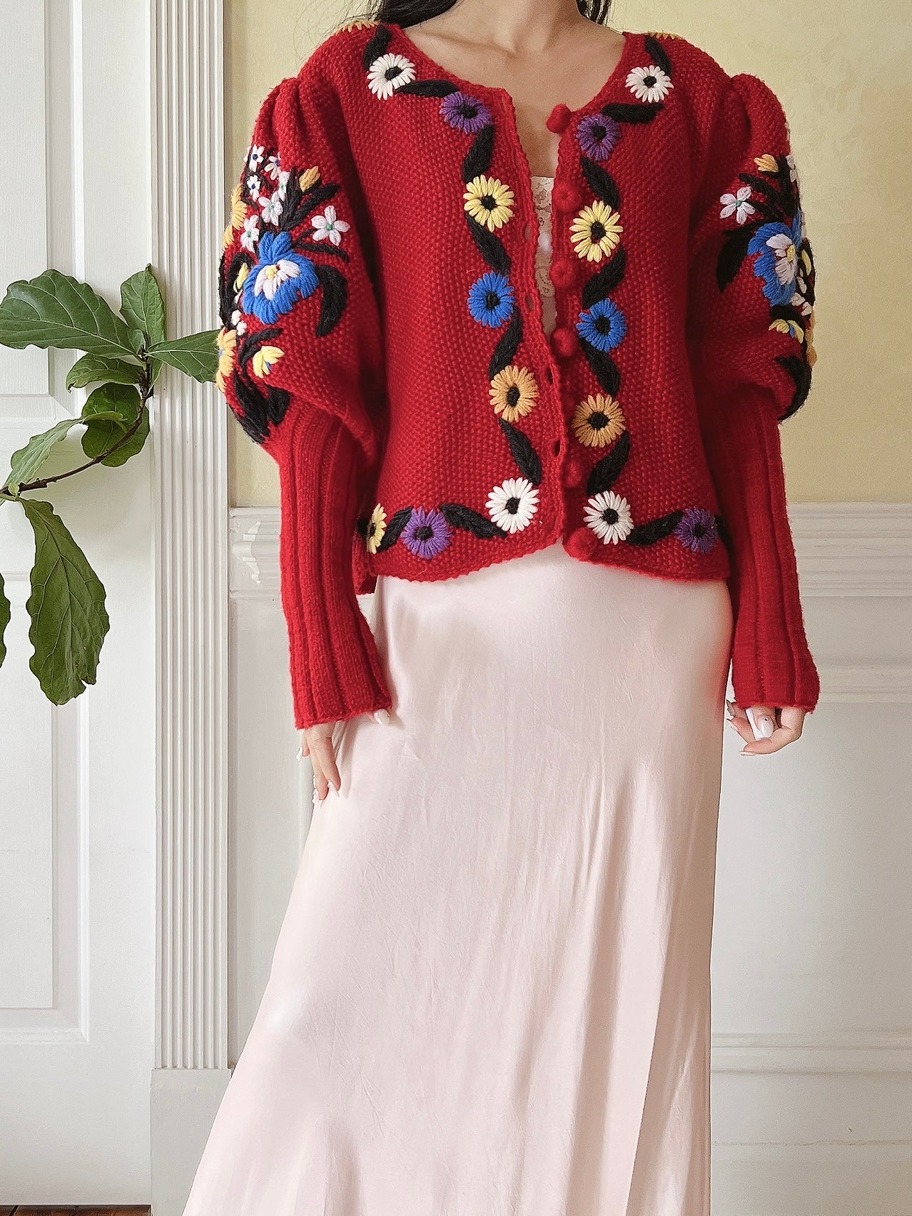 Vintage Puff Sleeves Embroidered Hand Knit Cardigan - S/M