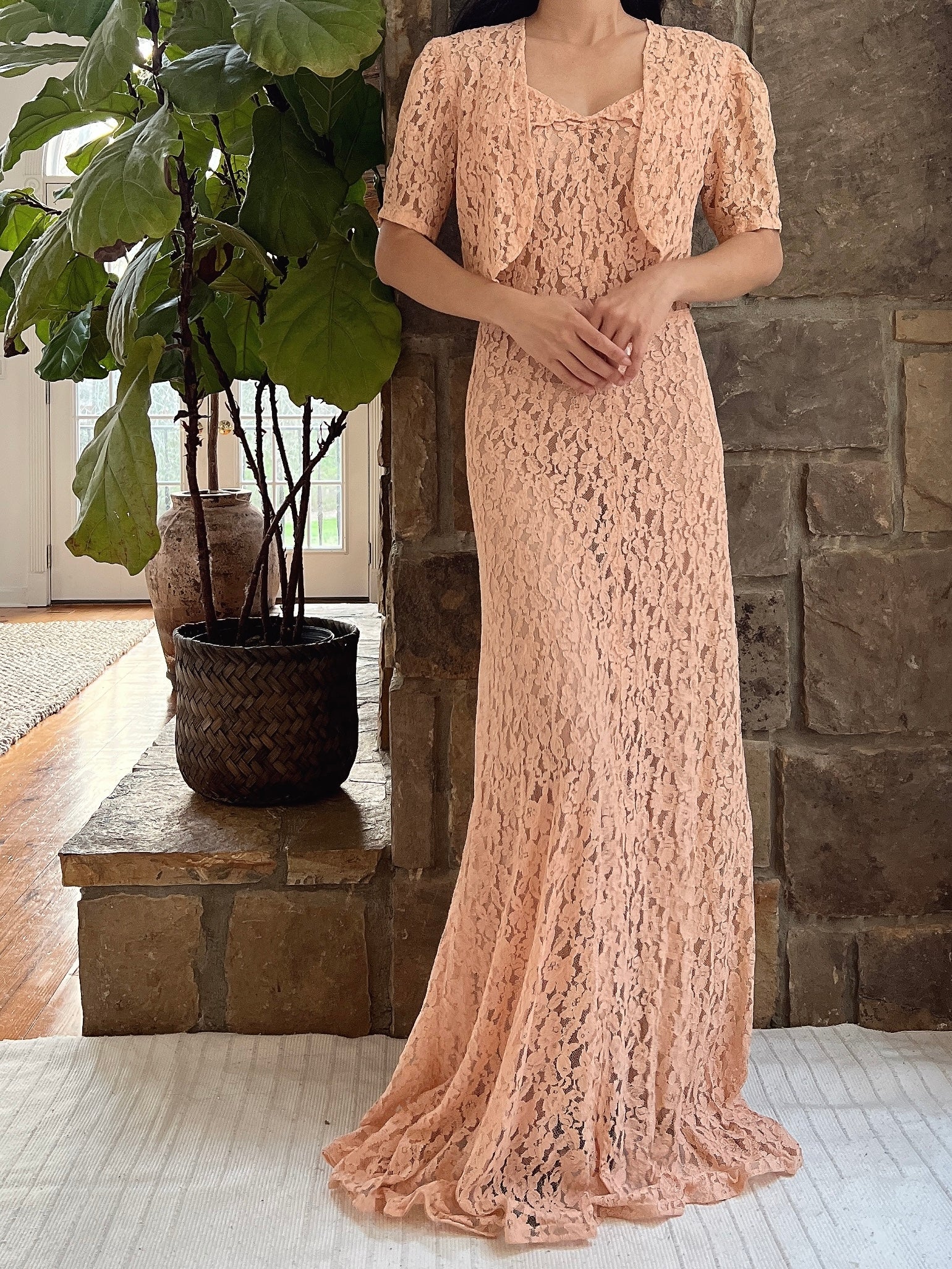 1930s Dusty Pink Lace Gown with Jacket - S