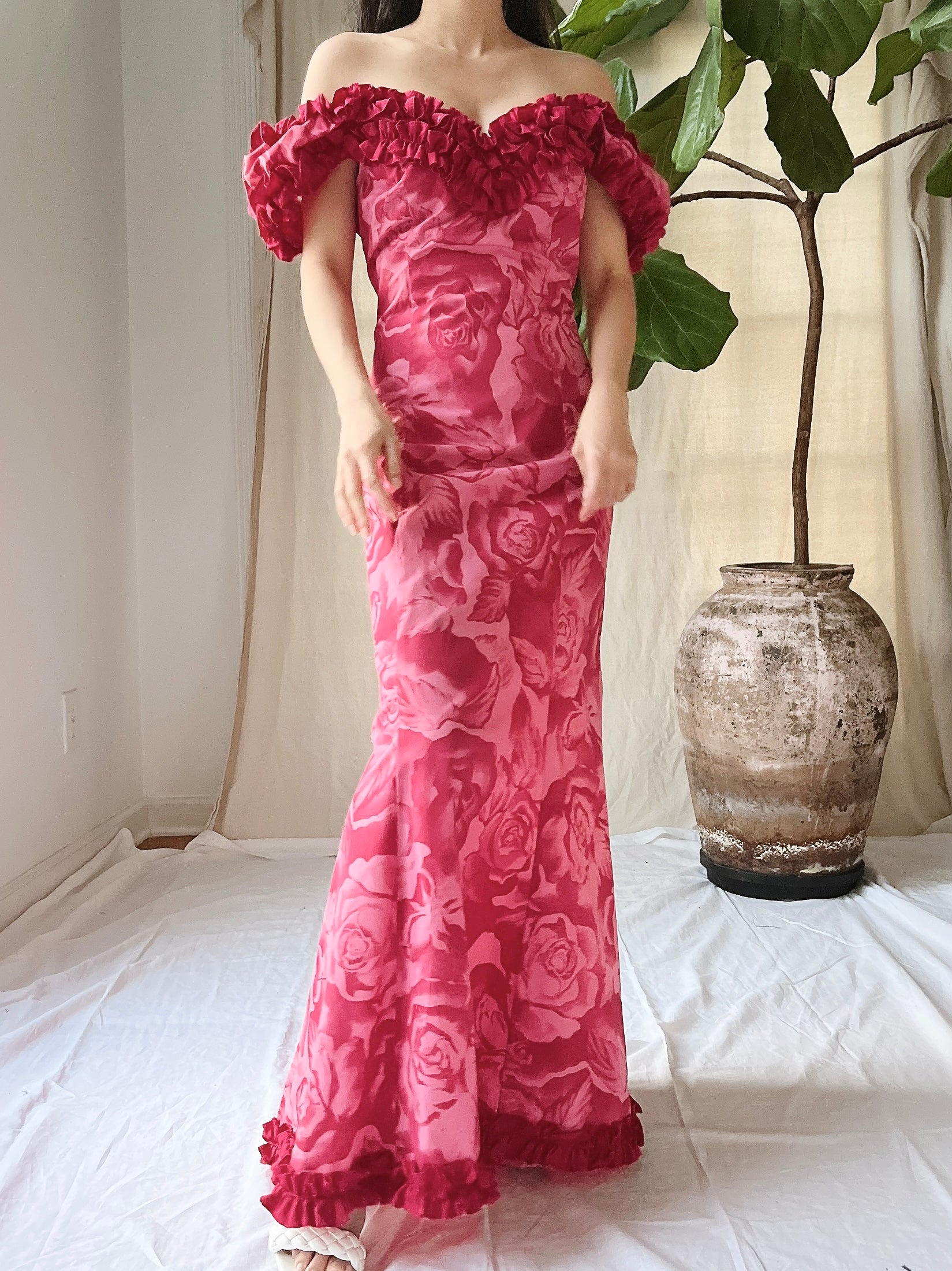 Vintage Polished Cotton Ruffle Shoulder Dress - S/M