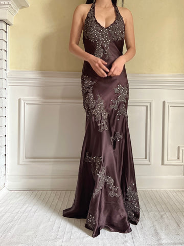 Vintage Chocolate Silk Beaded Dress - XS/S