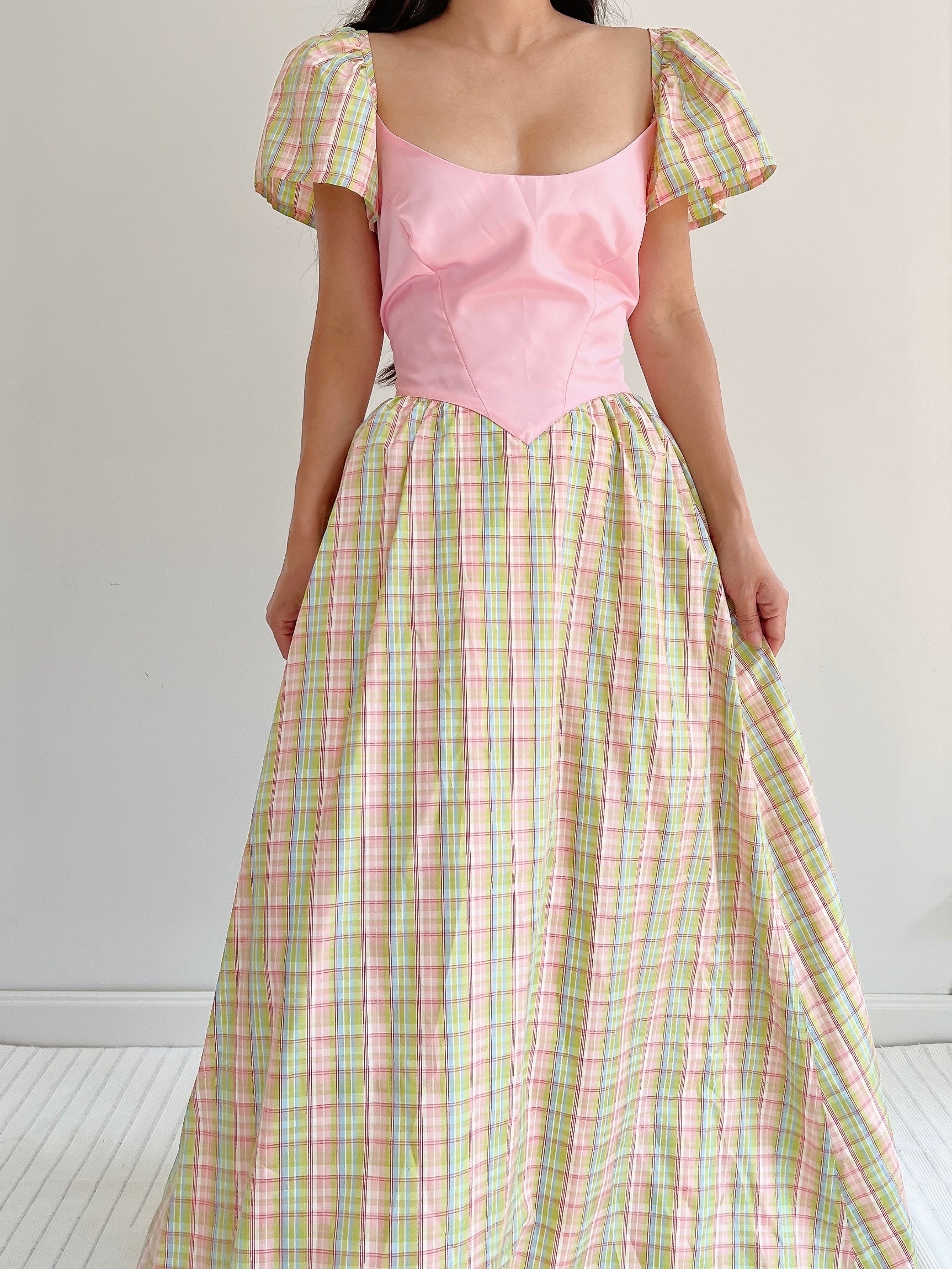 1970s Vintage Plaid Taffeta Dress - M