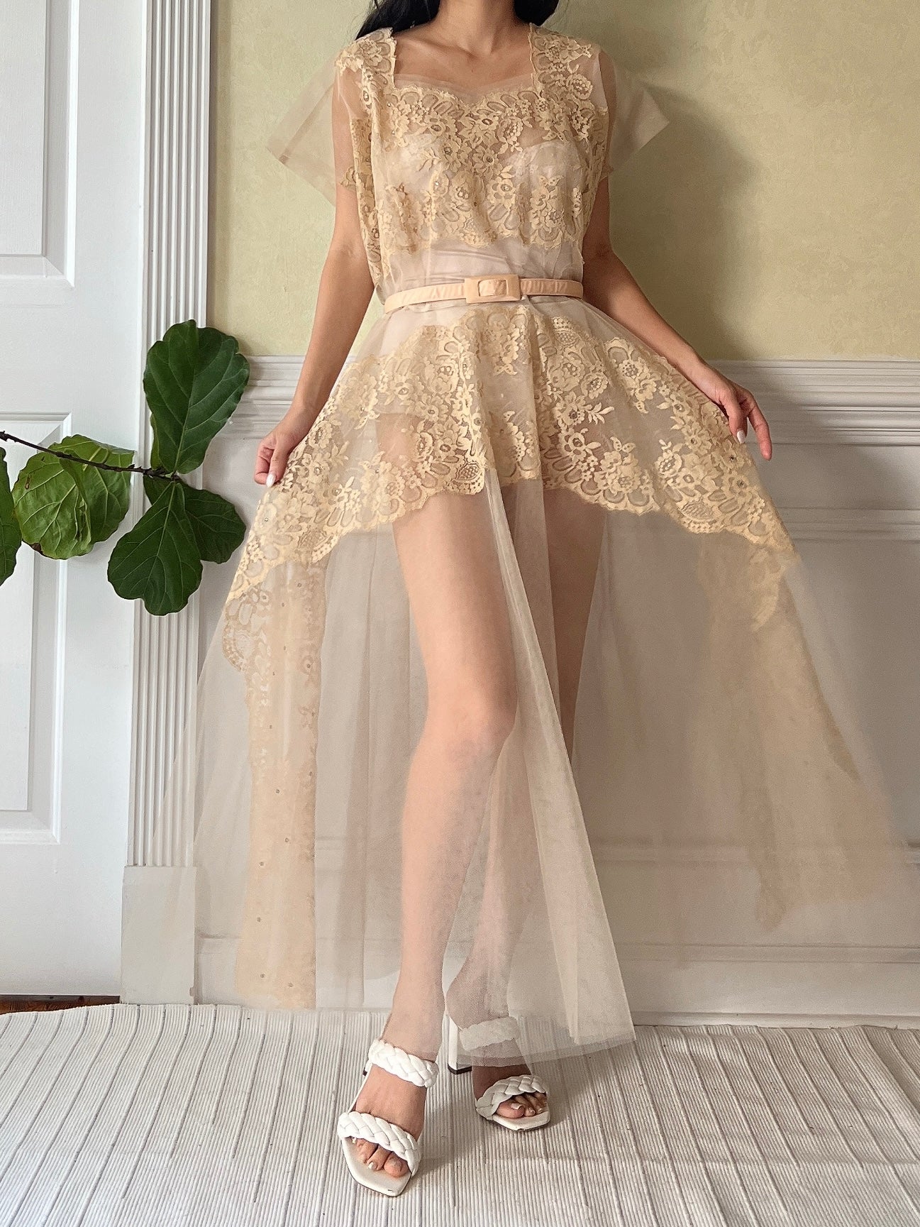 1950s Beige Tulle Sheer Dress - M