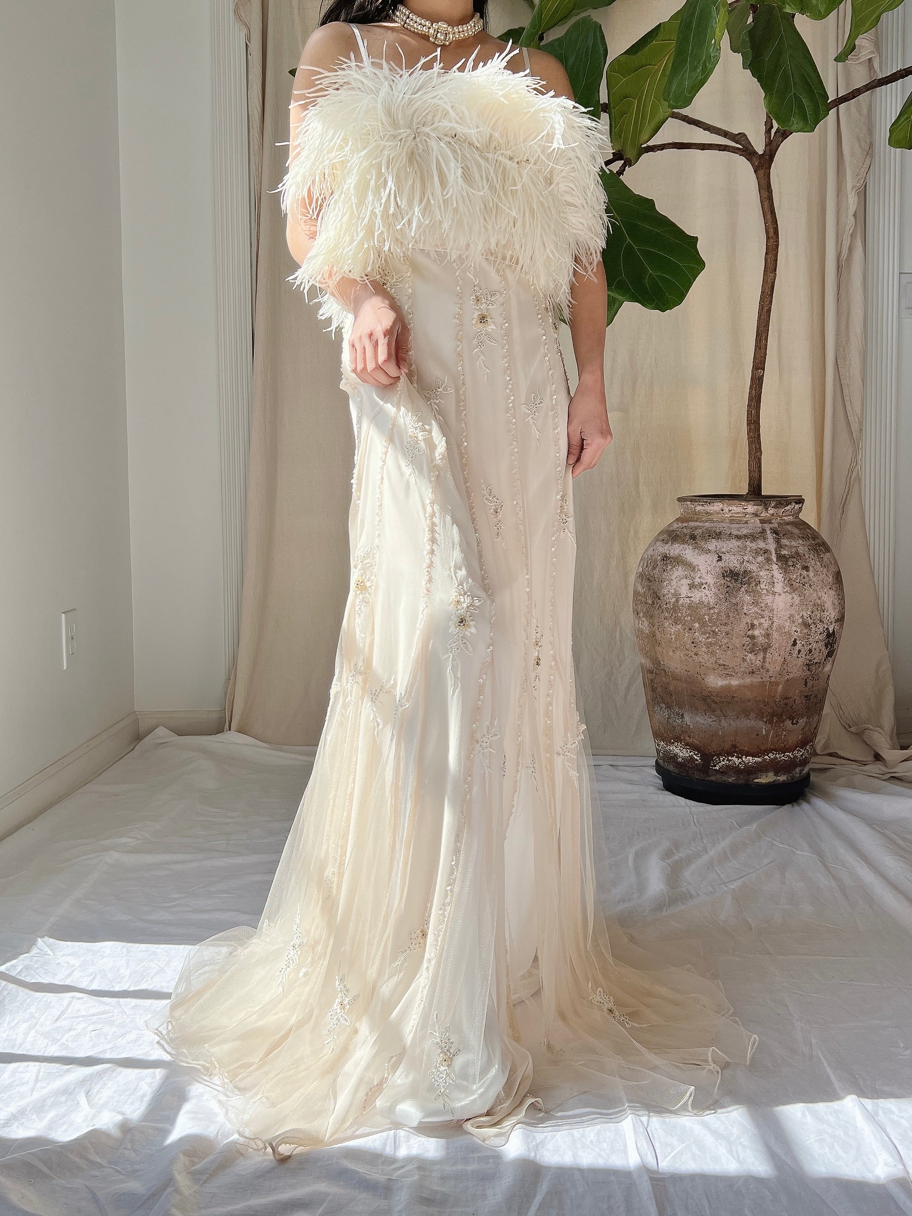 Vintage Silk Feather Dress - S/M