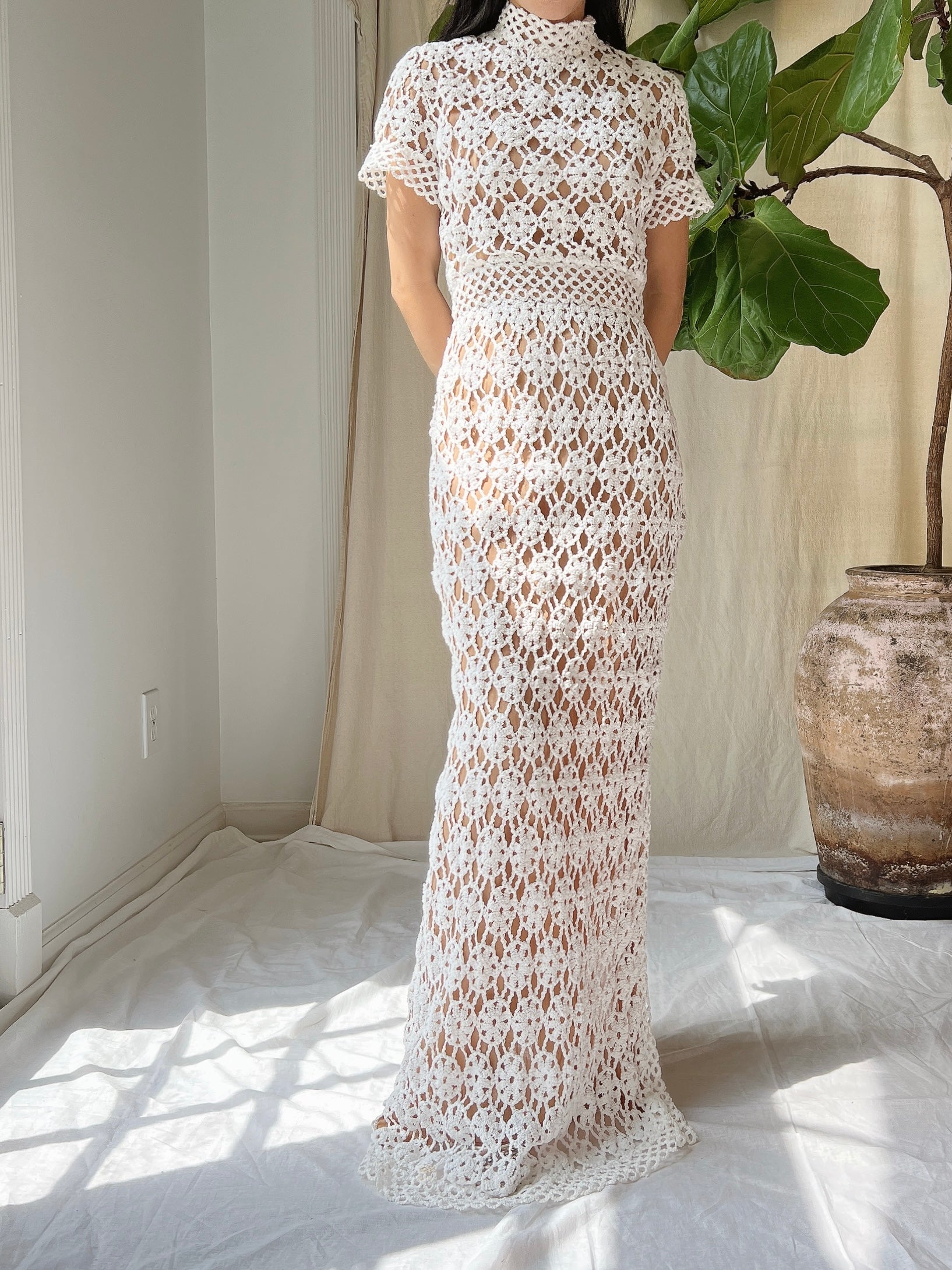 Vintage Mock Neck Crochet Dress - XS