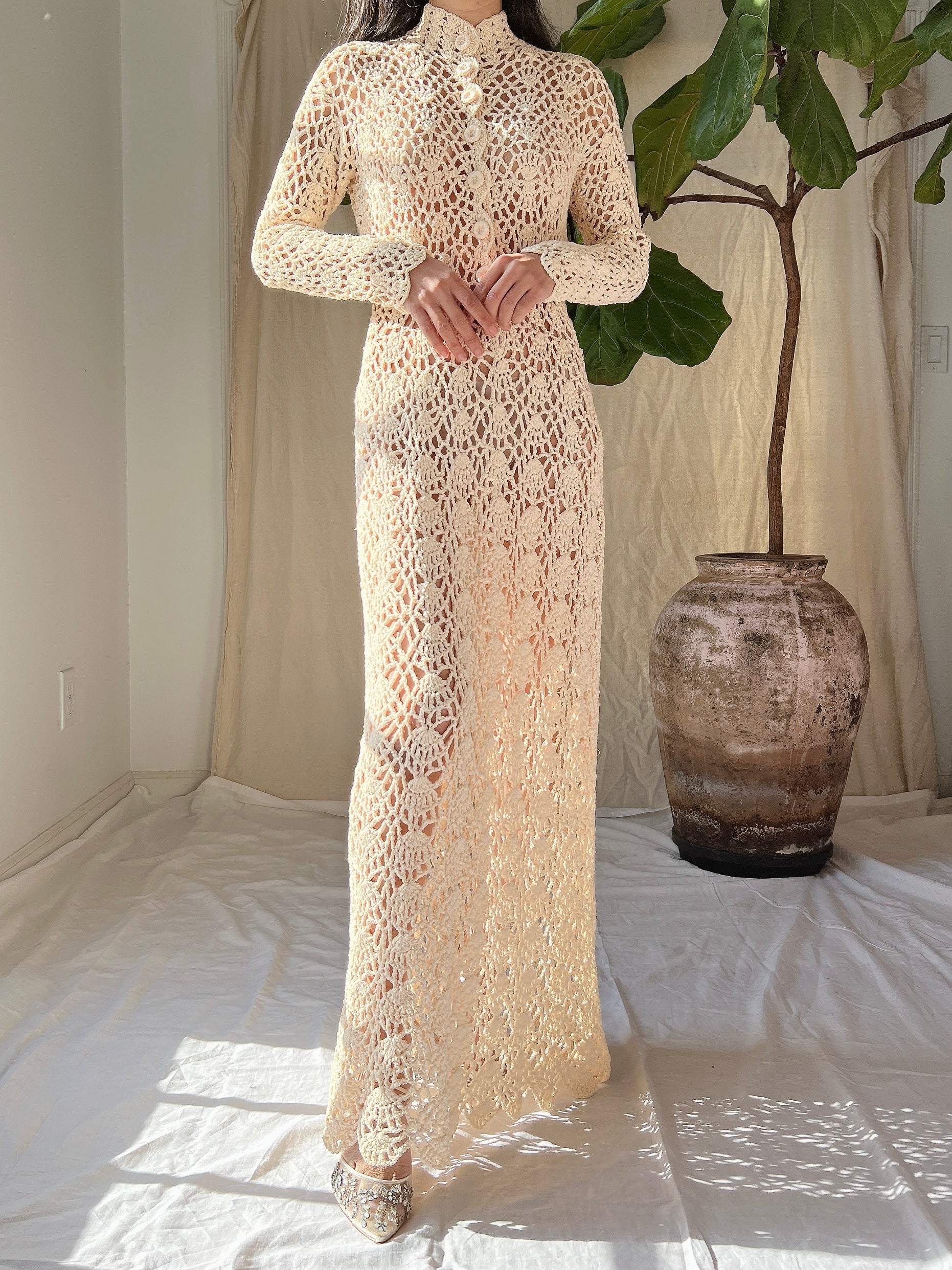 1970s Long Sleeves Crochet Dress - S-M