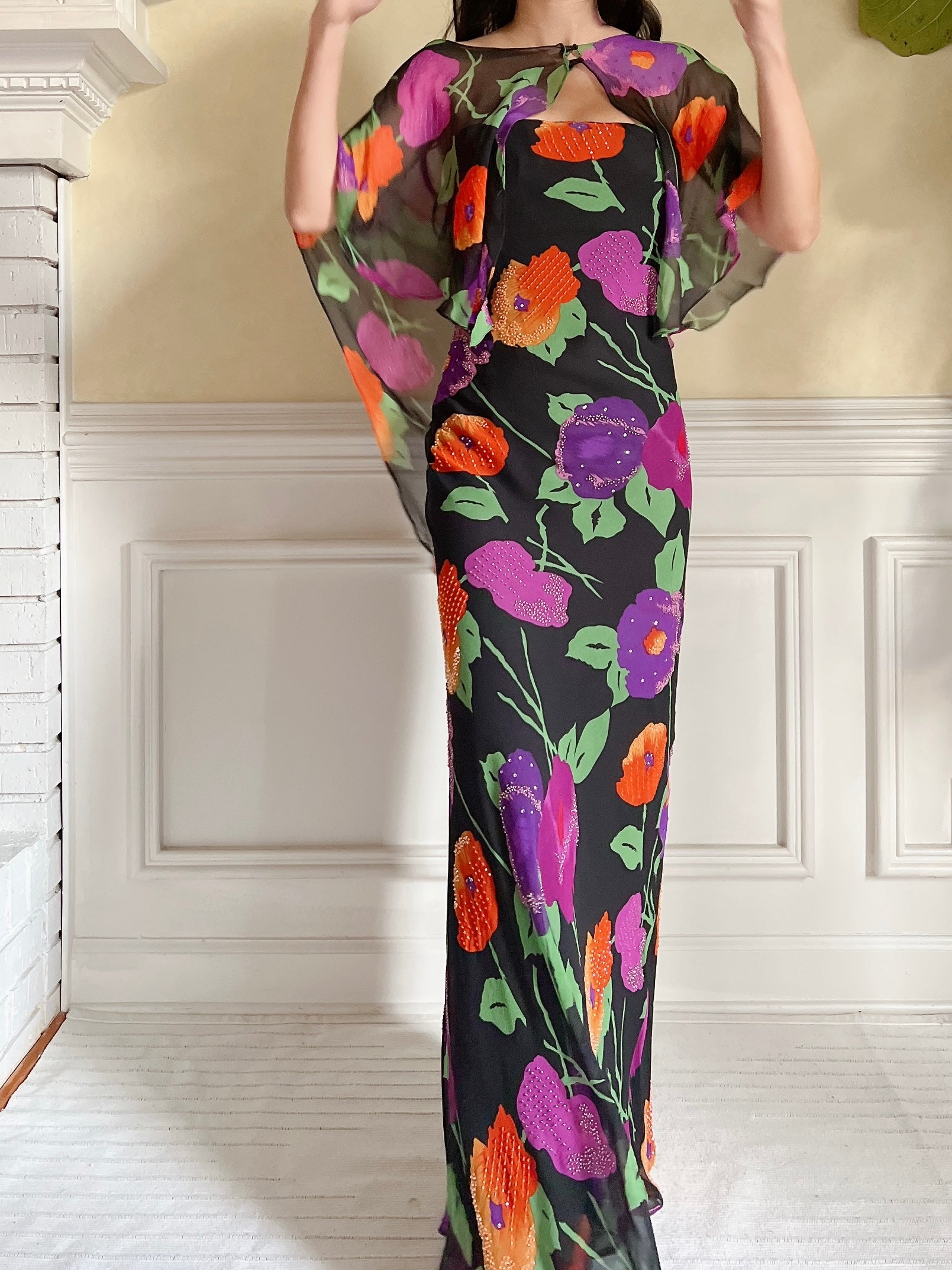 Vintage Silk Floral Cape and Dress - S/M