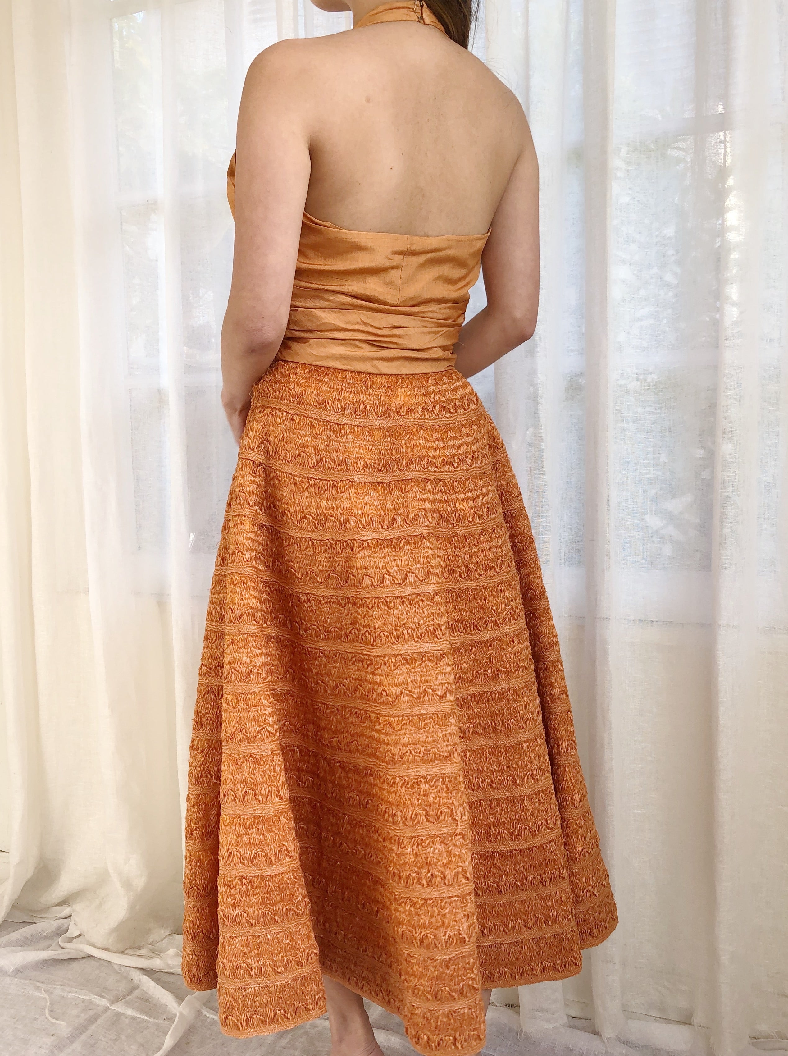 1950s Adele Simpson Saffron Silk and Raffia Dress - XS