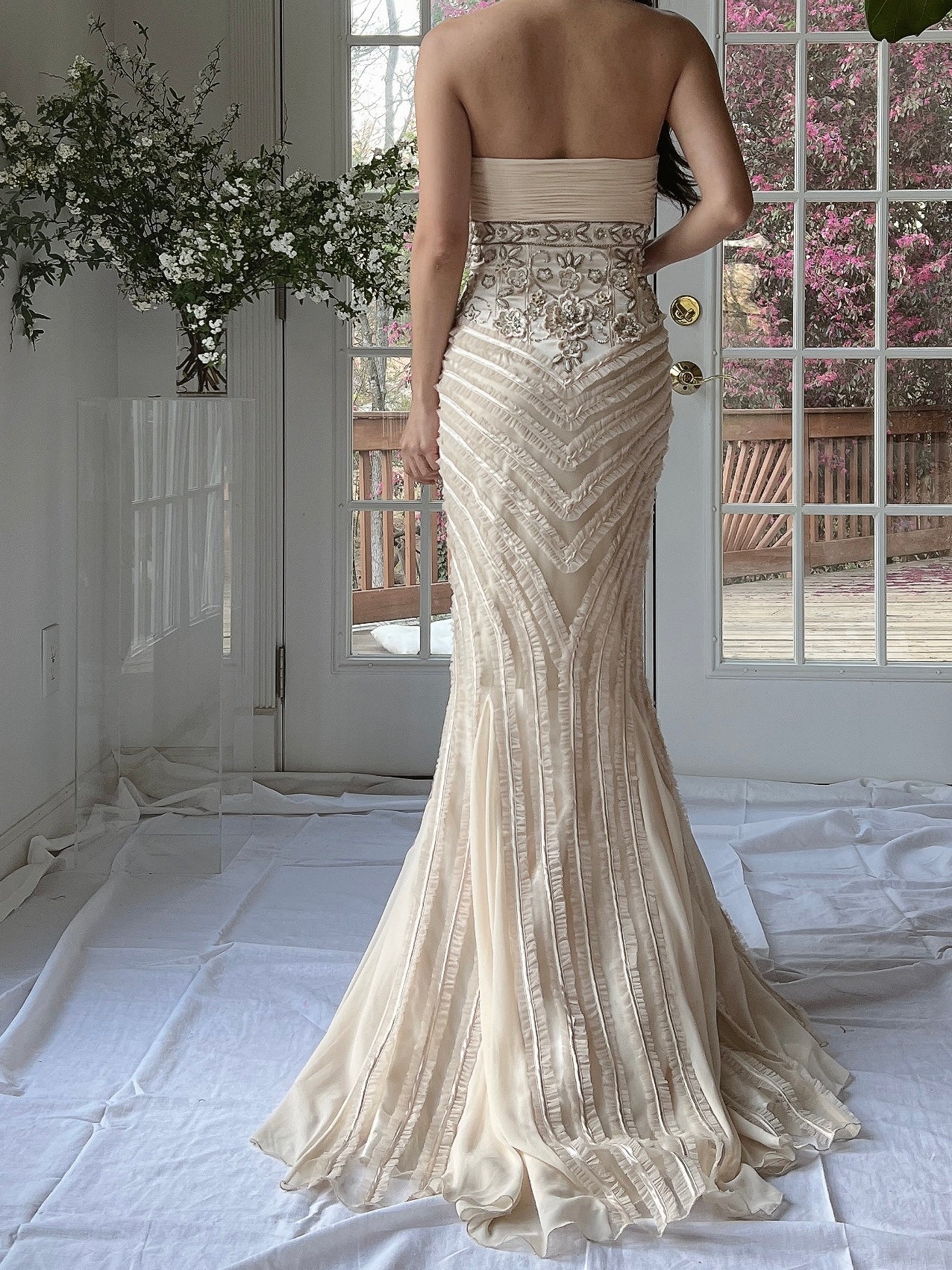 Y2K Almond Ruffle Beaded Dress - XS
