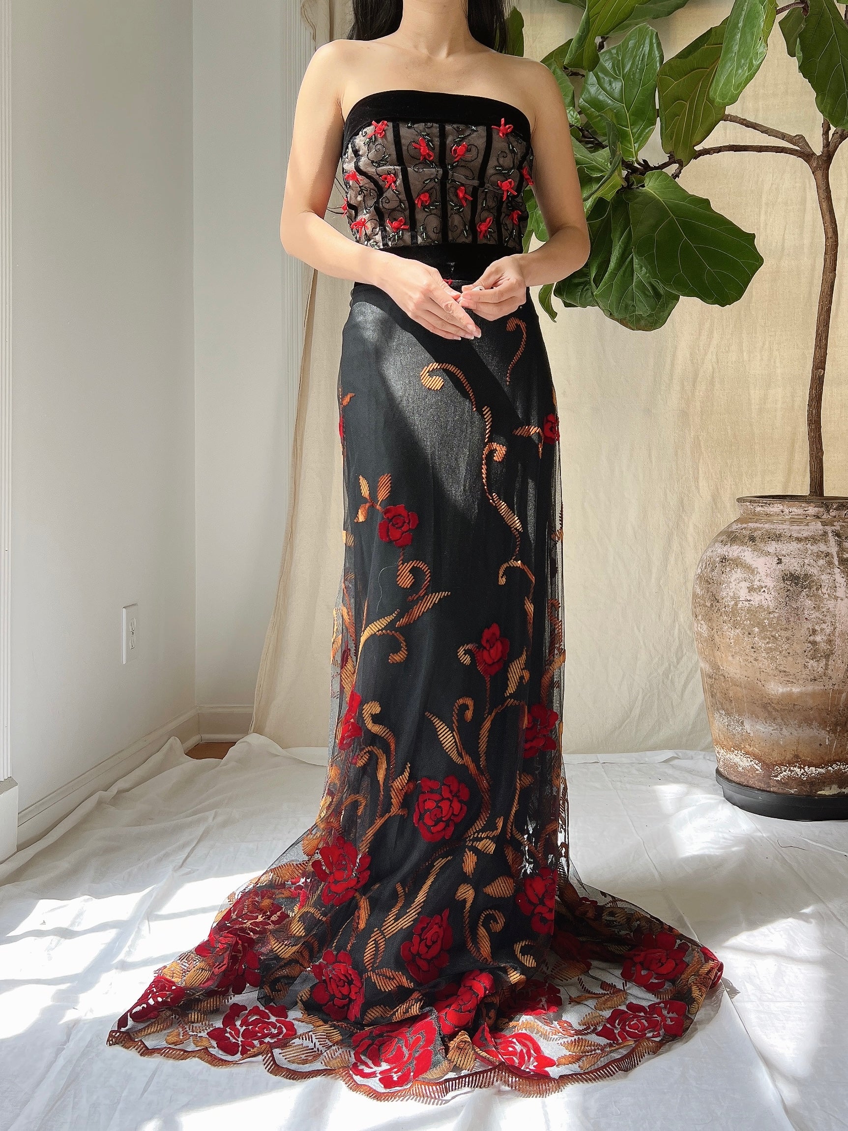 Vintage Floral Strapless Dress - L