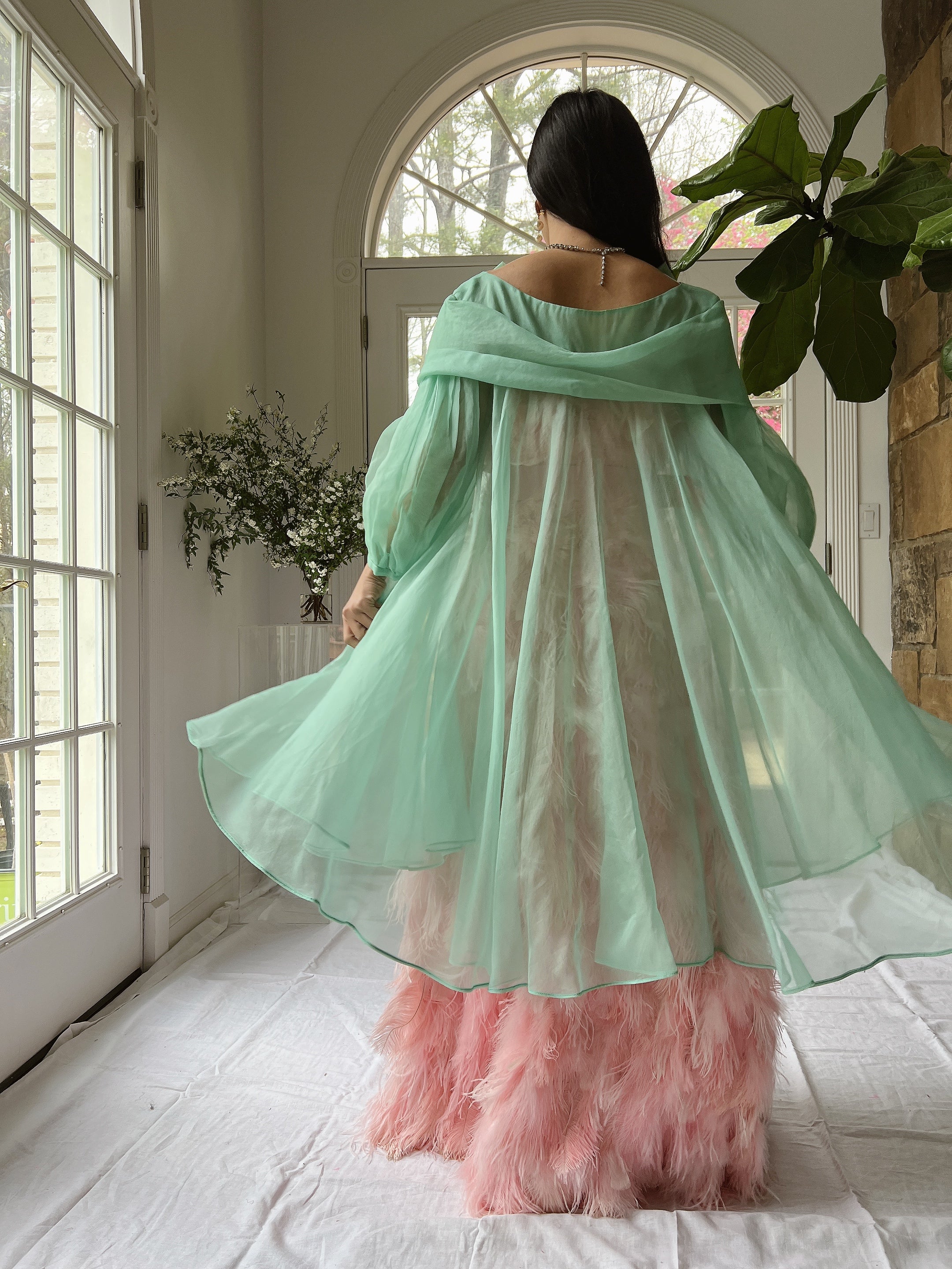 1960s Silk Chiffon Puff Sleeves Duster - OSFM