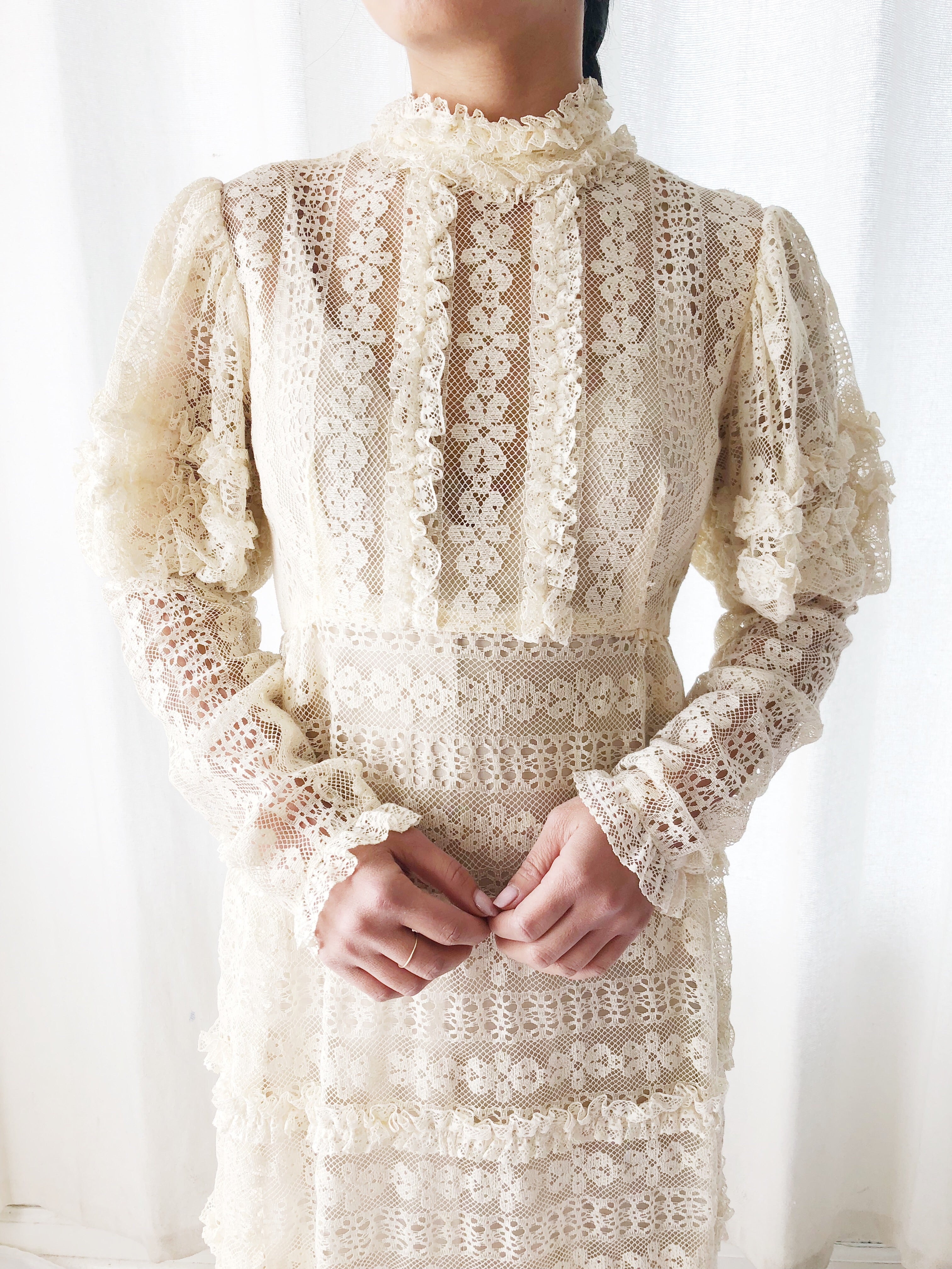 1970s Bohemian Puff Sleeves Lace Dress - S