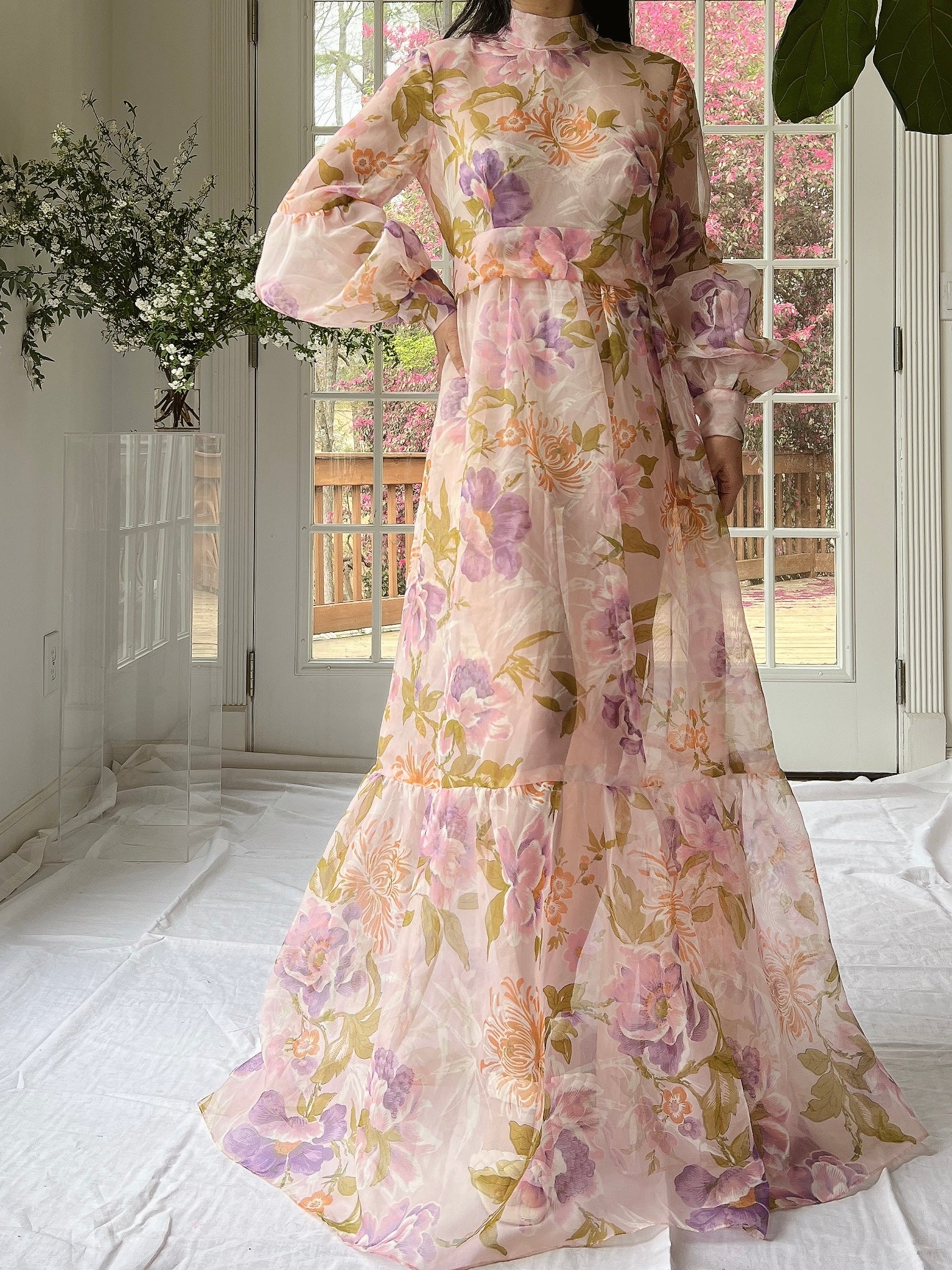 Vintage Sheer Pink Floral Voile Dress - M