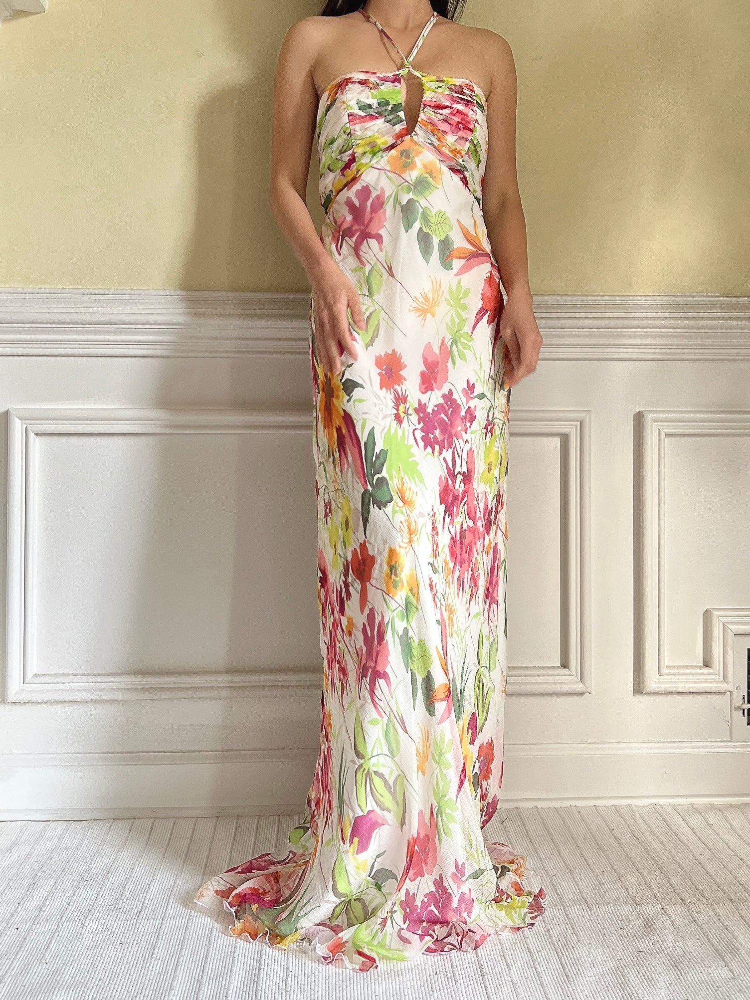 Vintage Halter Beaded Silk Floral Gown - S