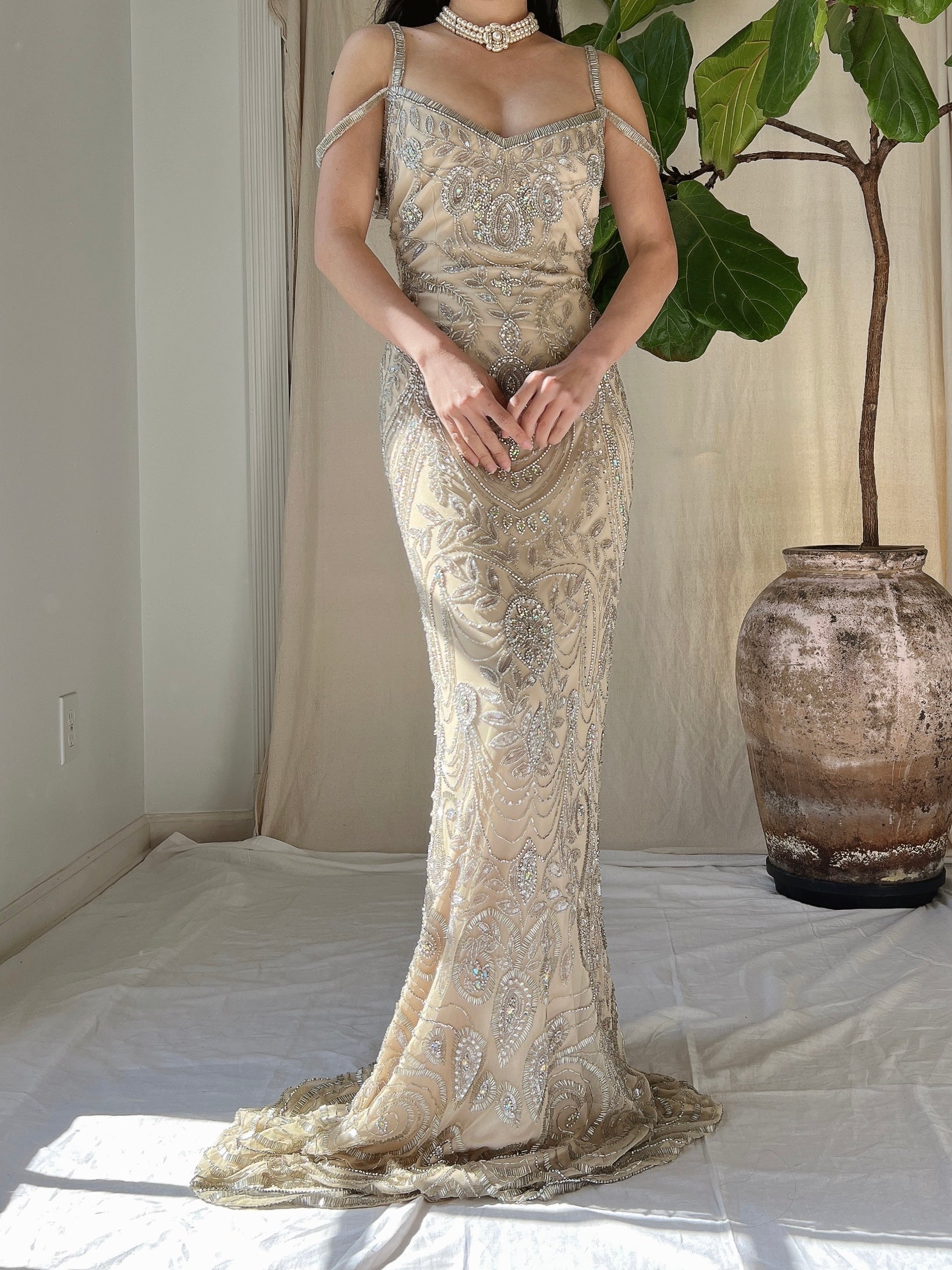 Beige Beaded Tulle Dress - S