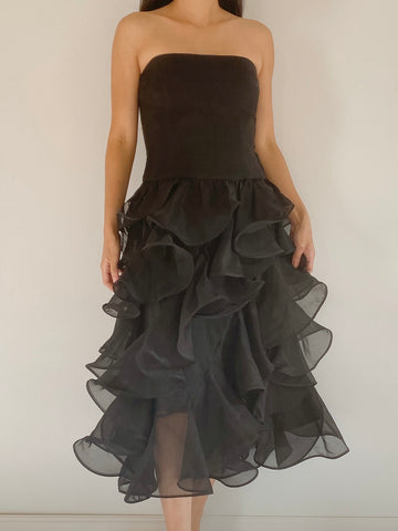 Vintage Black Ruffle Organza Dress -  S