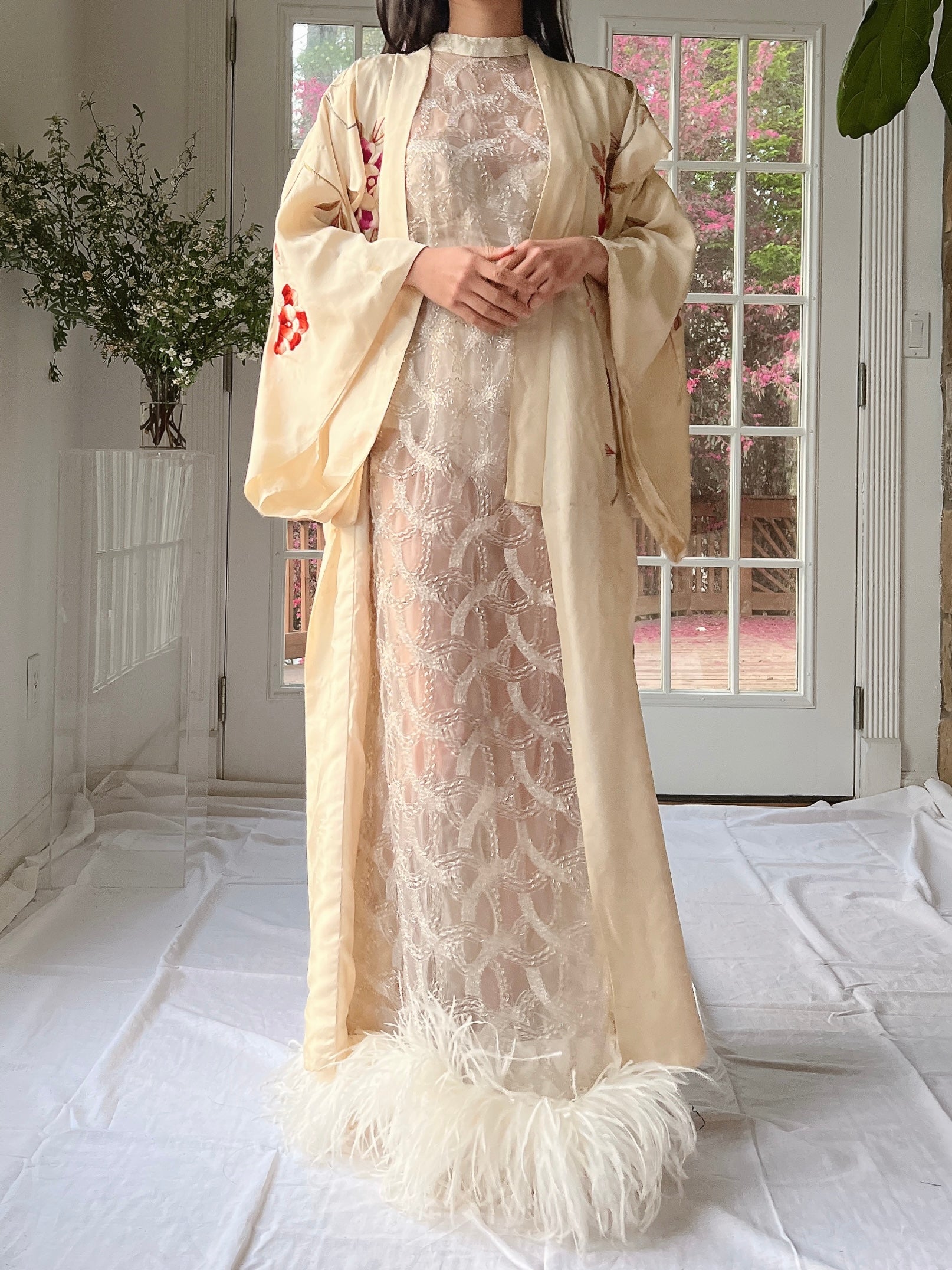 RARE Antique Couched Silk Floral Embroidered Kimono - OSFM