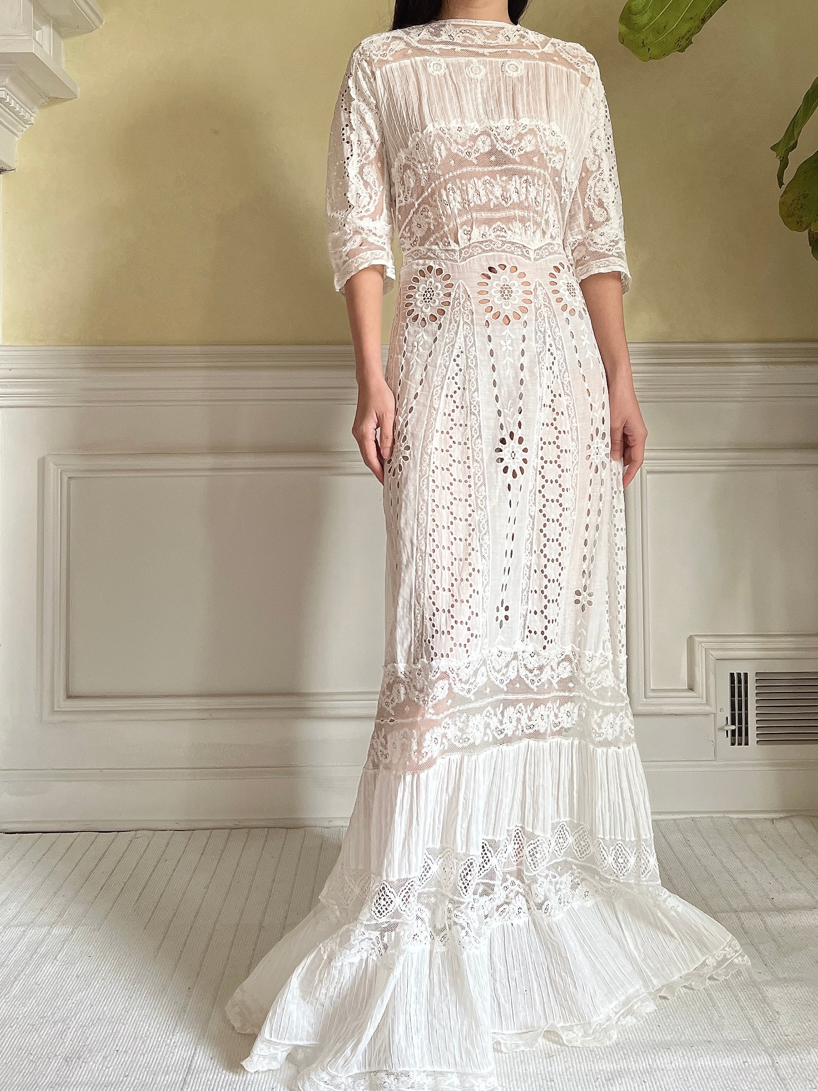 Antique Eyelet and Pin-tucked Dress - S