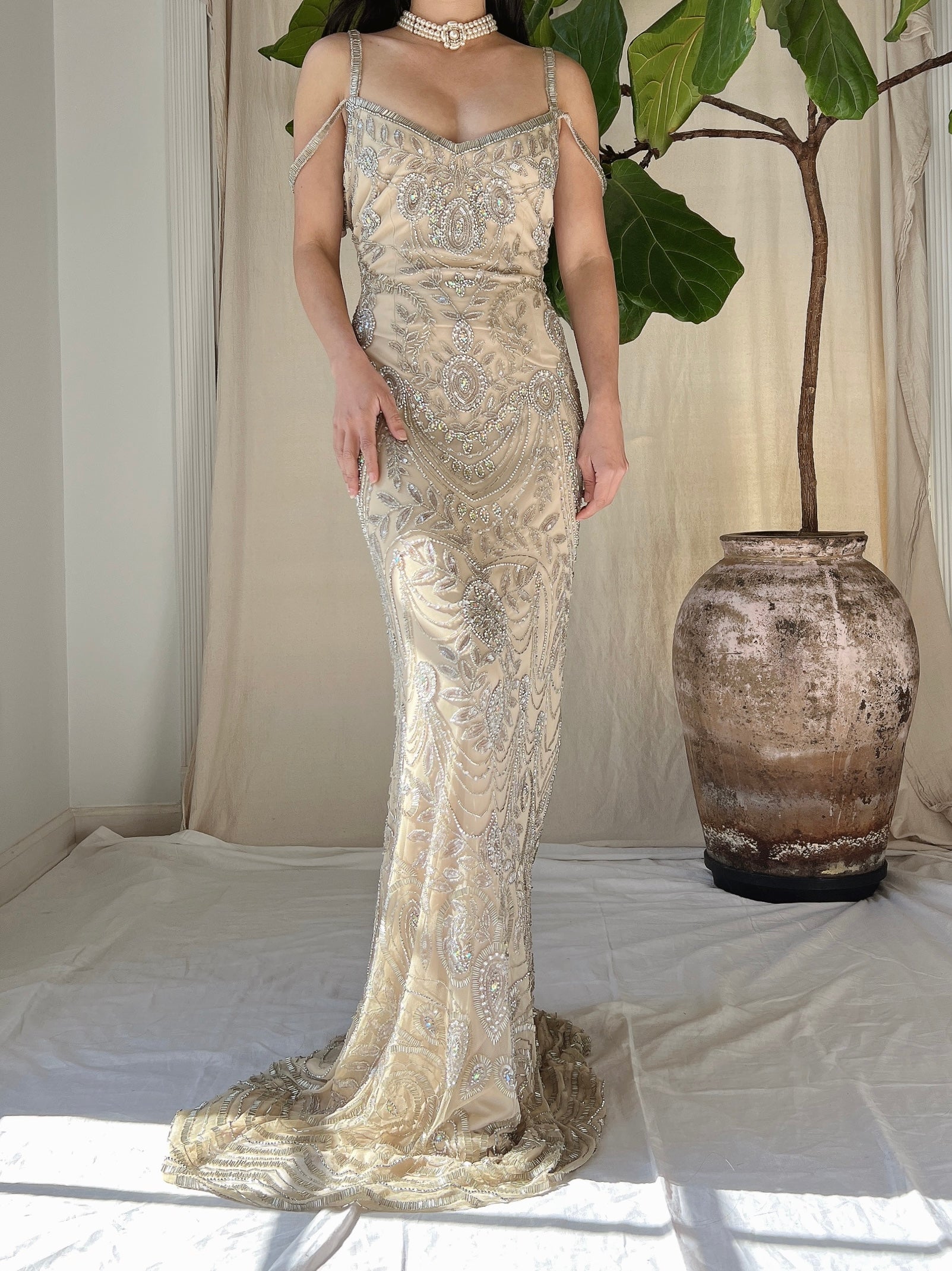 Beige Beaded Tulle Dress - S
