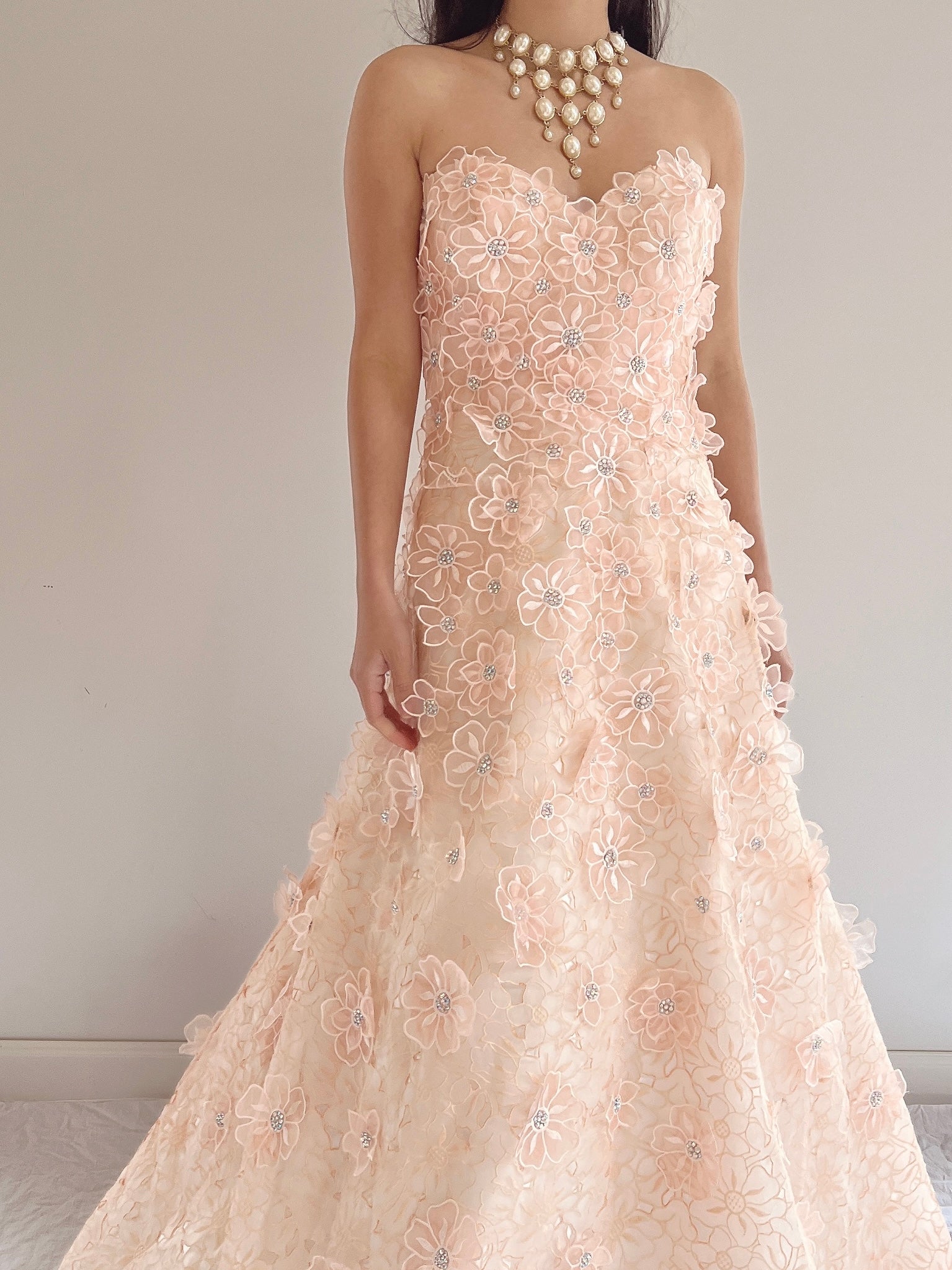 Y2K Peach Floral Applique Gown - S/6