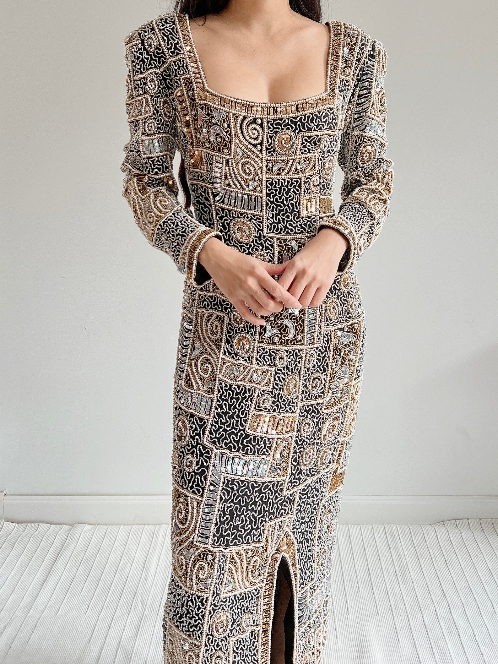 1980s Silk Chiffon Heavily Beaded Gown - M