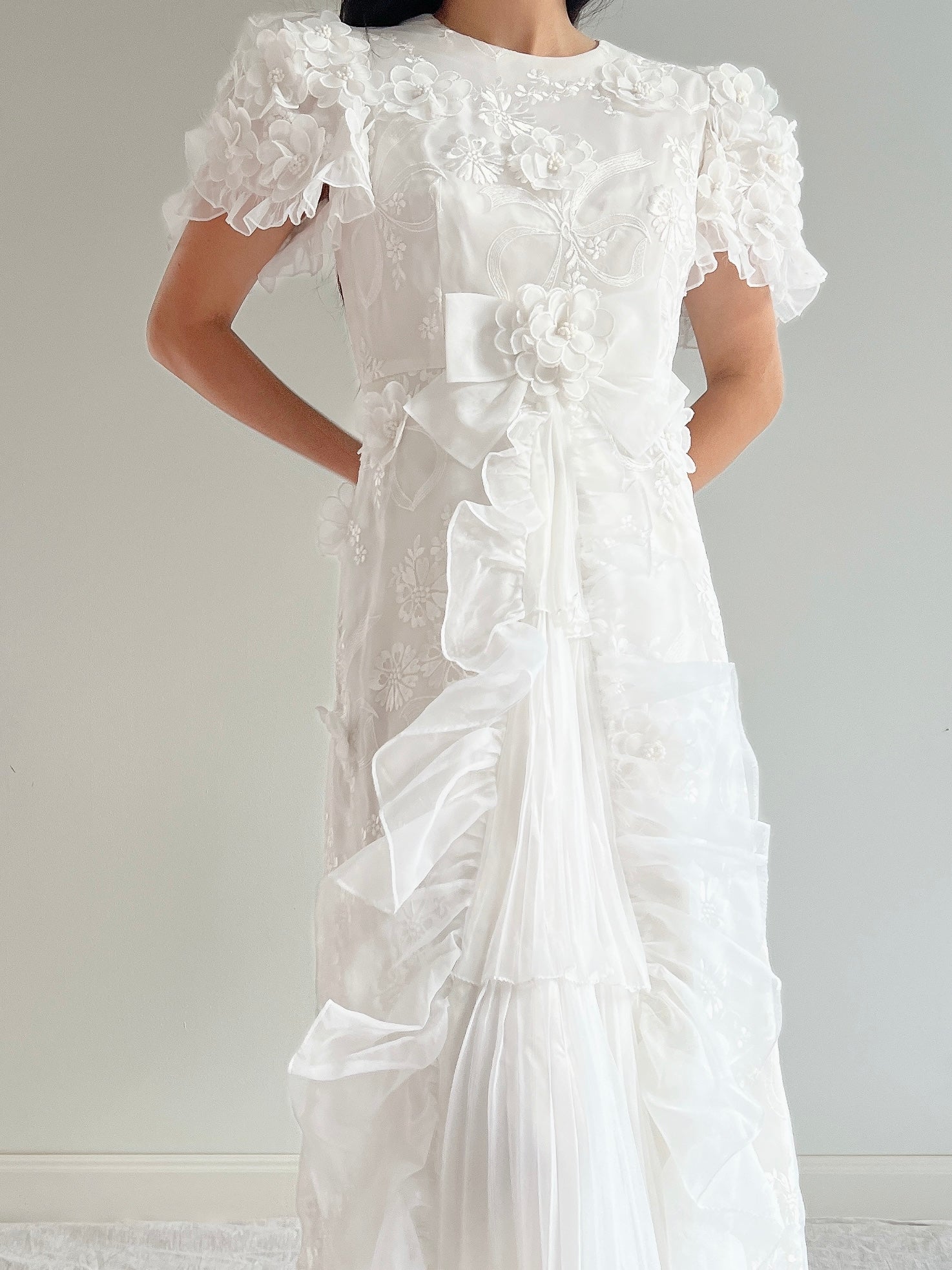 Vintage White 3D Floral Dress - S